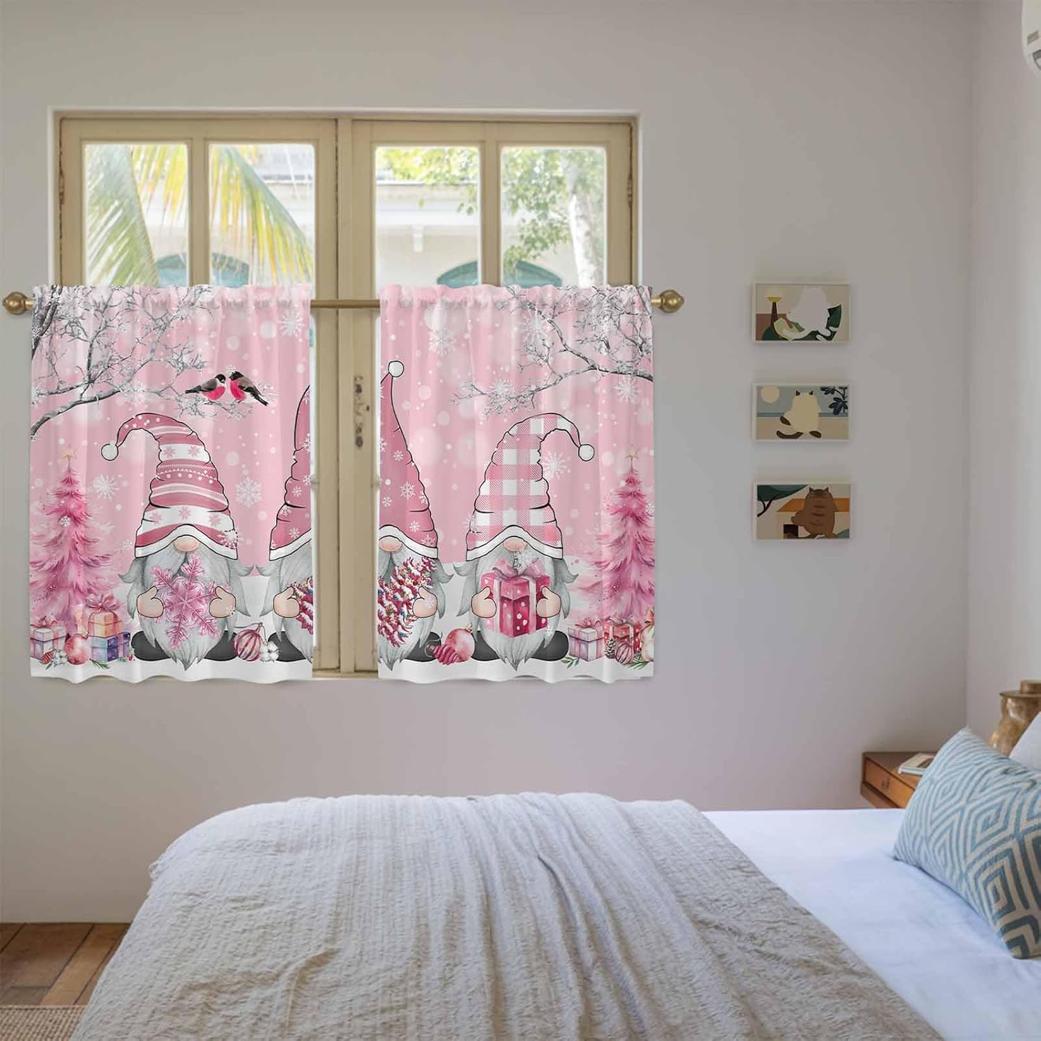 Pink Gnomes Christmas Kitchen Tier Curtains 45 Inch Long 2 Panel Set,Rod Pocket Short Window Treatment,Xmas Tree Snowflake Winter Light Filtering Curtains & Drapes for Bathroom Basement 27.5"W x 45"L