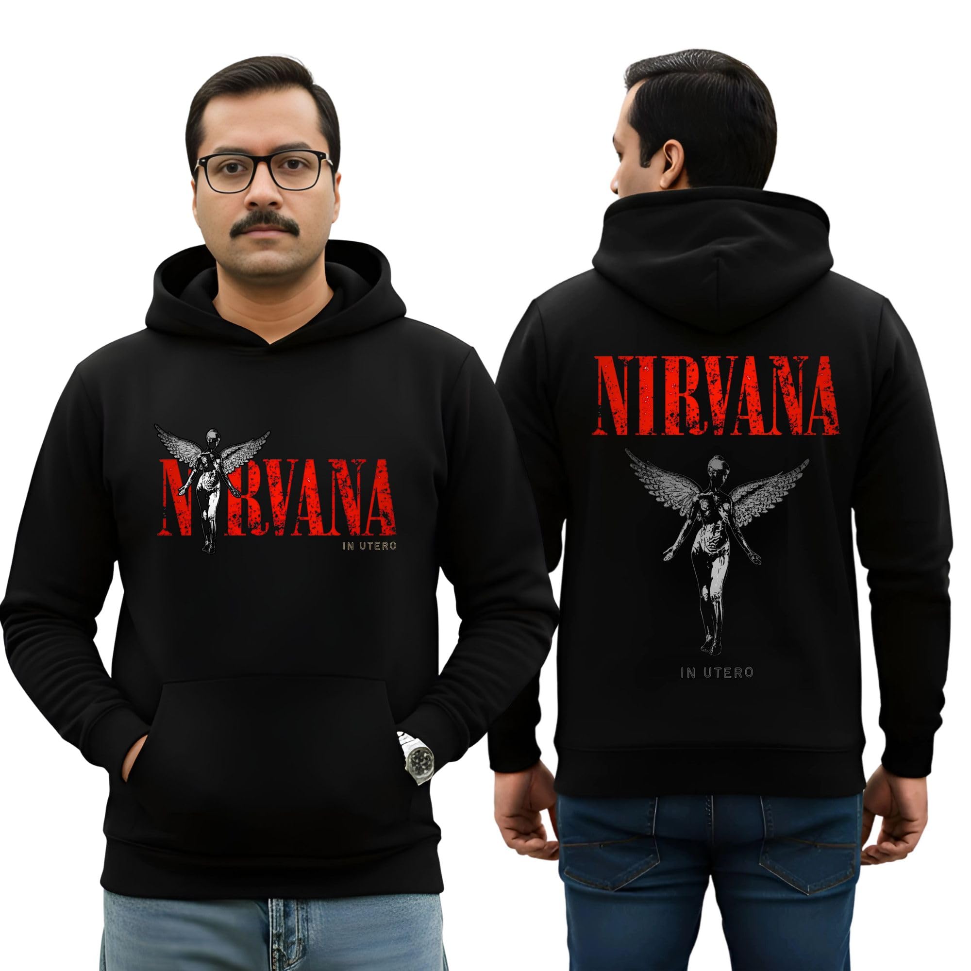 Nirvana in Utero Graphic Print Cotton Blend Hoodie, Black Unisex Streetwear Sweatshirt with Kangaroo Pocket, Regular Fit, Winter Wear