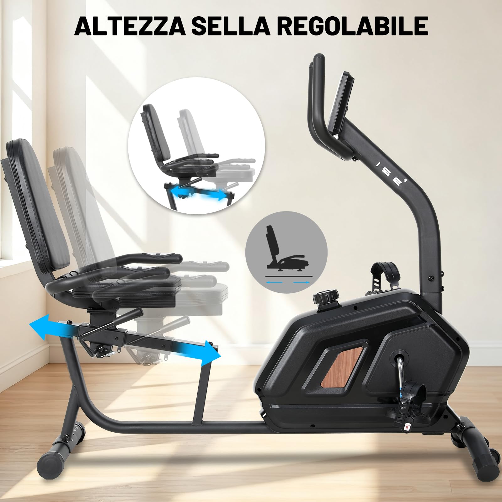 ISE Cyclette da Seduta Magnetica con Schienale, Cyclette Orizzontale da Casa con 8 Livelli di Resistenza Schermo LCD Supporto per Smartphone