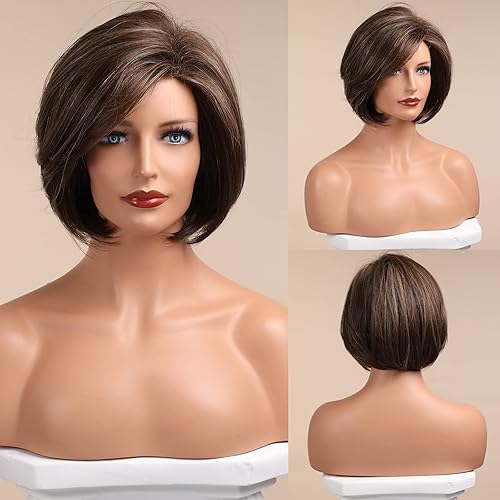 HAIRCUBE - Peluca de tono rubio cenizo para mujer, cabello corto estilo Bob, con partido de lado, atado a mano, largo hasta el hombro, peluca