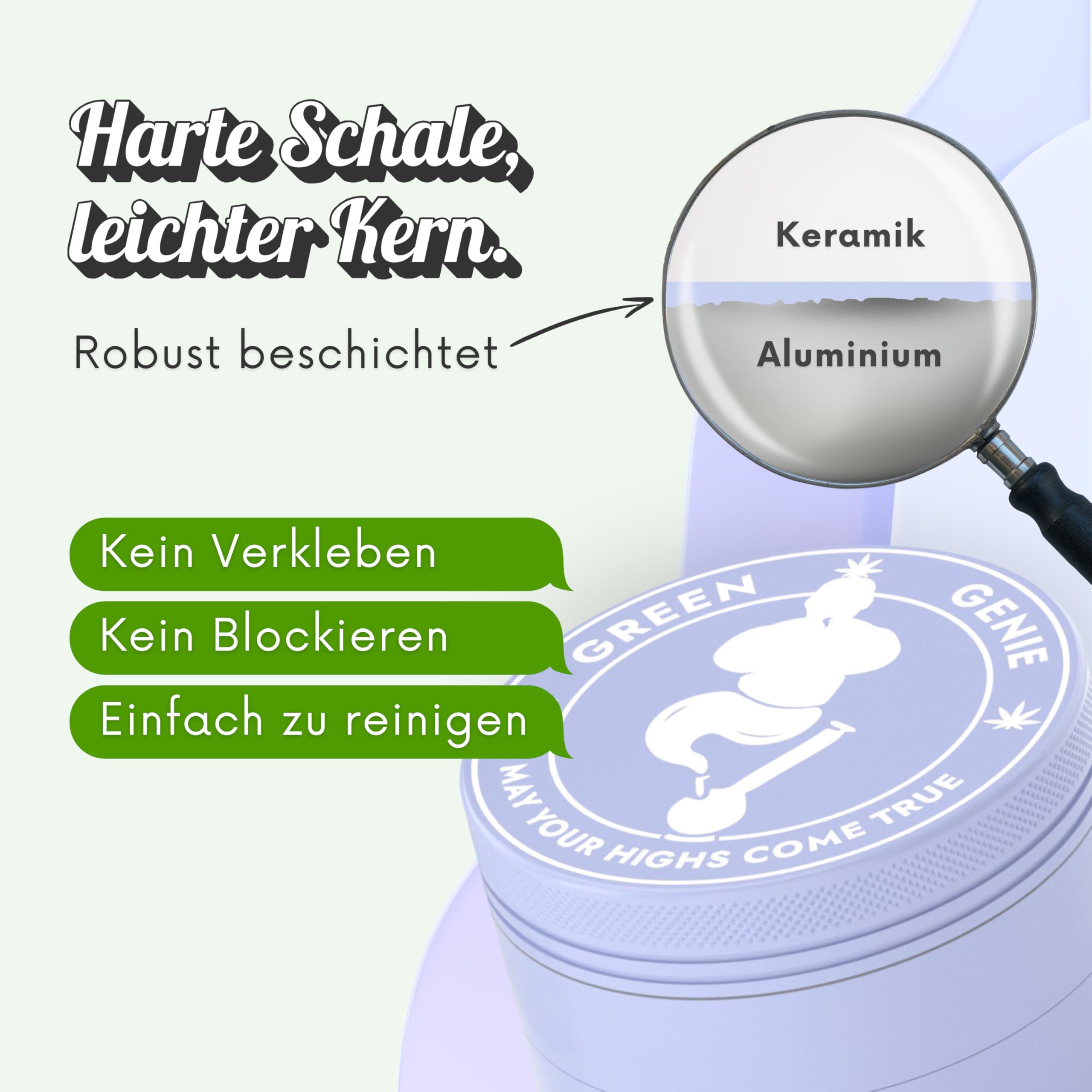 Green Genie - Premium Keramik Grinder - Lila - ⌀63mm groß - Keramik beschichtet - inkl. Glasmundstück, Pinsel. Pollenschaber und hochwertiger Tragetasche