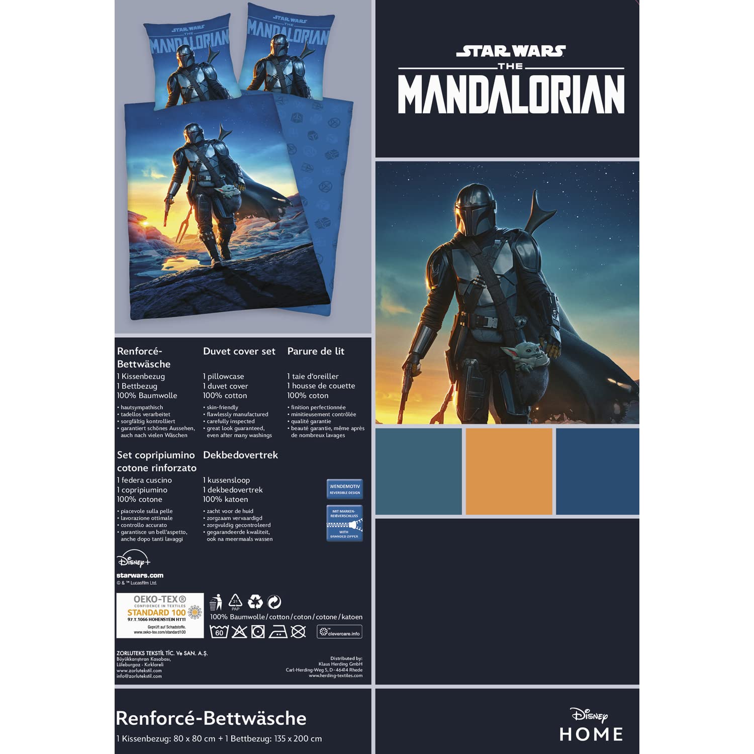 Herding Star Wars The Mandalorian Bettwäsche-Set, Kopfkissenbezug 80 x 80 cm, Bettbezug 135 x 200 cm, Mit leichtläufigem Reißverschluss, 100% Baumwolle/Renforcé