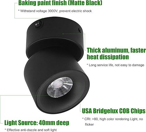 Miniatura 6 de Paquete de 2 Focos LED COB de Techo Downlight de 12V con Interruptor, Montaje en Superficie 330 Ajustable Regulable Luz de Pared para RV Lámpara de