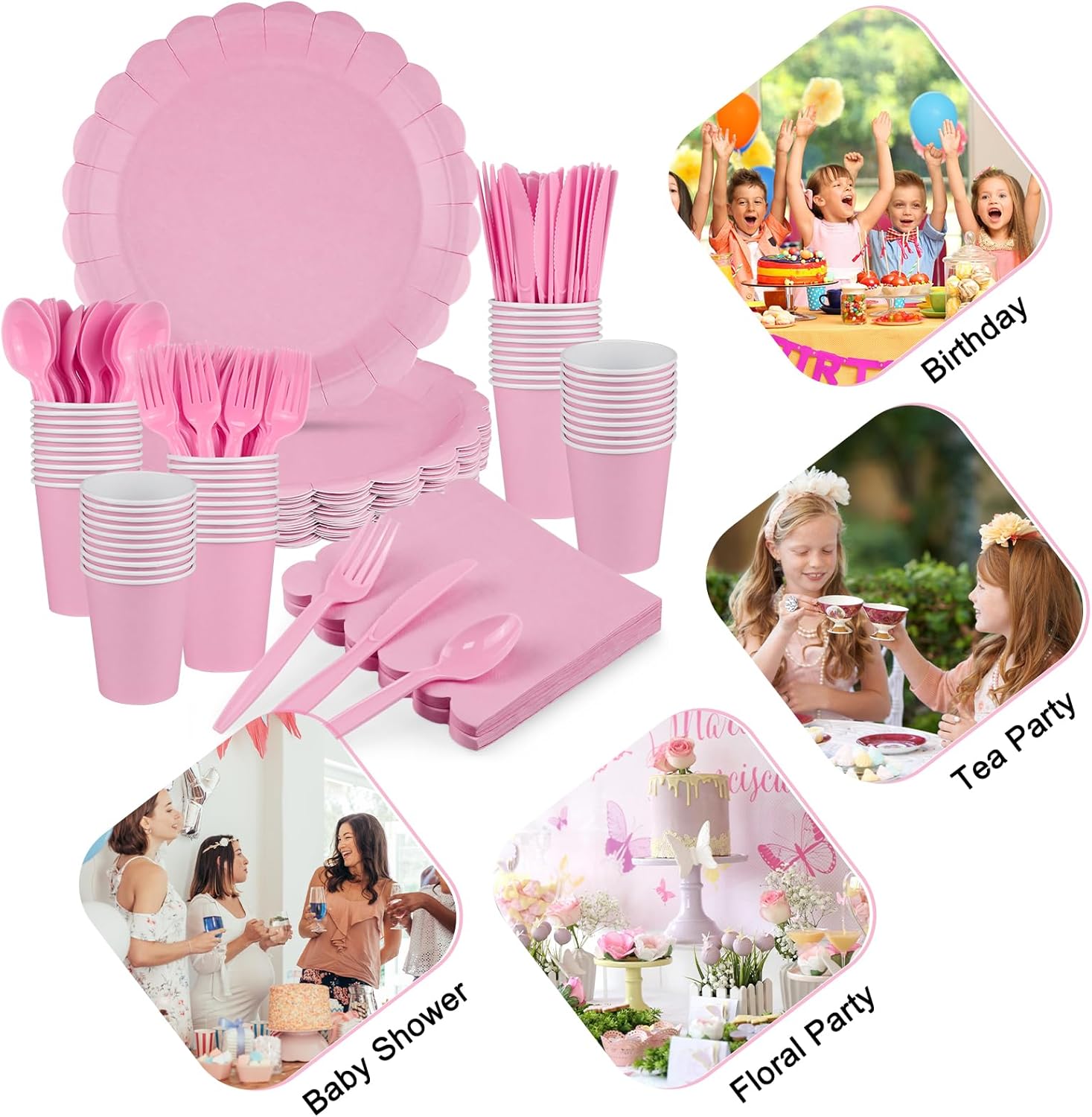 Pink Paper Plates Set for 30 Guests - 220pcs Girl Party Supplies Include Pink Scalloped Plates Napkins Cups Plastic Silverware, Scalloped Dinnerware for Baby Shower, Wedding, Birthday - Image 5