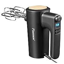 Bestron Potente mixer manuale con 6 livelli, funzione turbo e display LCD, agitatore con 2 fruste e 2 ganci per impastare, peso leggero di 1 kg, colore: nero, legno