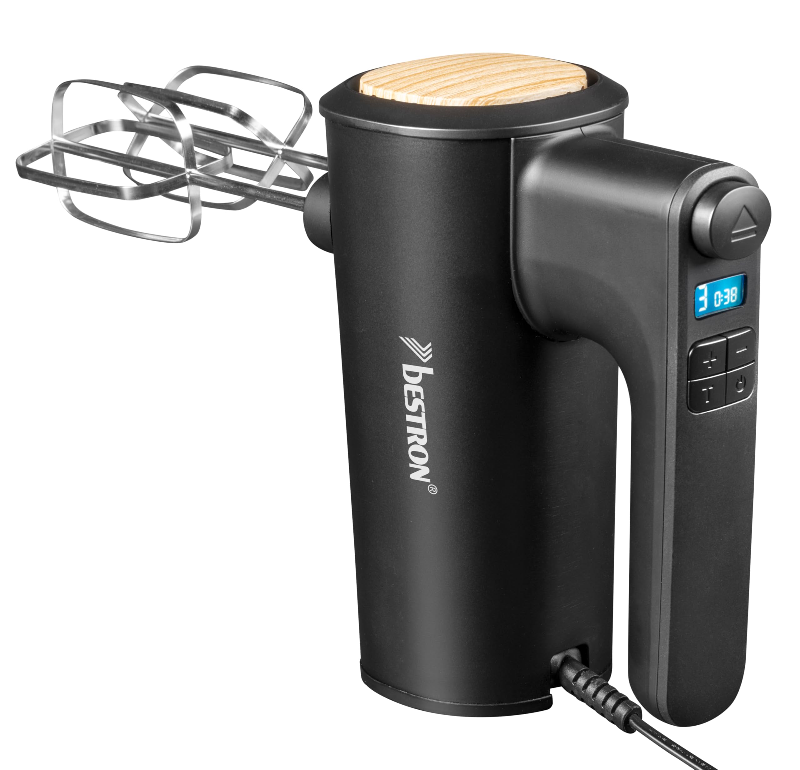 Bestron Power Handmixer, Leistungsstarker Handmixer mit 6 Stufen, Turbo-Funktion & LCD-Display, Rührgerät inkl. 2 Schneebesen & 2 Knethaken, Leichtgewicht von 1KG, Farbe: Schwarz/Holz