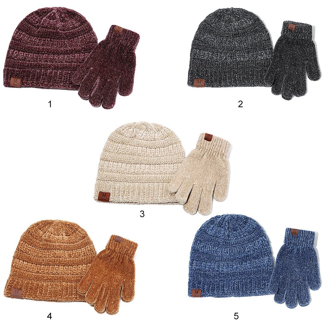 Unisex Pompon-Strick-Set, niedlich, dehnbar, Winterhandschuhe, Mütze, Fäustlinge
