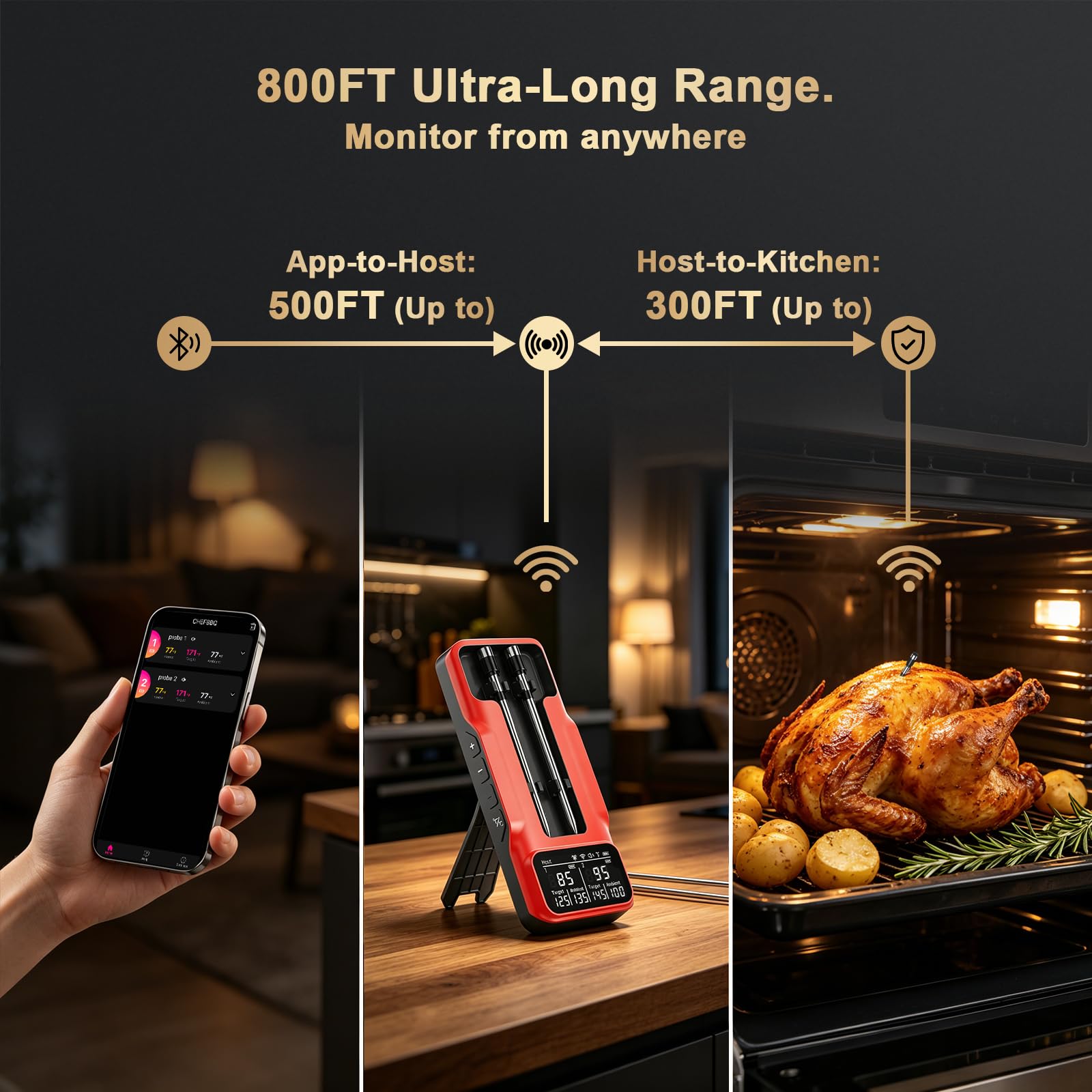 Wireless Meat Thermometer Digital - 800FT Bluetooth Food Thermometer for Cooking, NIST Certified Accuracy, Standalone Base Dual Probes for Grill BBQ Oven Smoker