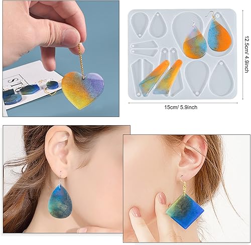 Miniatura 6 de Moldes de resina para aretes, paquete de 3 moldes de resina para aretes, moldes de silicona para joyería con ganchos para aretes y anillos de salto