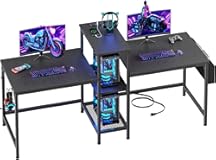 Furologee Double Desk with Power Outlets&comma; 71 Inch Computer Desk with Storage Bag and Headphone Hooks&comma; Gaming Desk Study Writing Table for Home Office&comma; Black