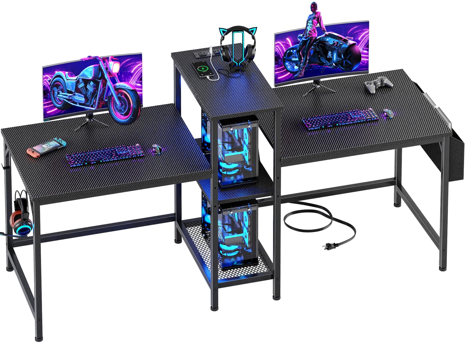 Furologee Double Desk with Power Outlets, 71 Inch Computer Desk with Storage Bag and Headphone Hooks, Gaming Desk Study Writing Table for Home Office, Black