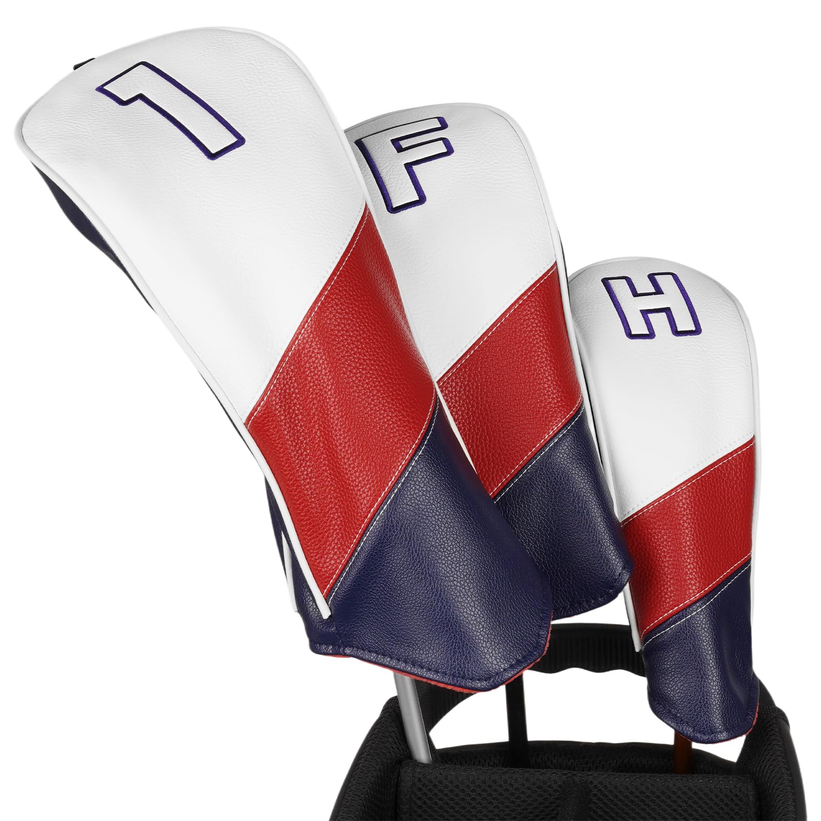 Golfschlägerhauben aus Holz für Driver/Fairway/Hybrid/1FH Weiß & Rot & Blau PU-Leder Längere Version