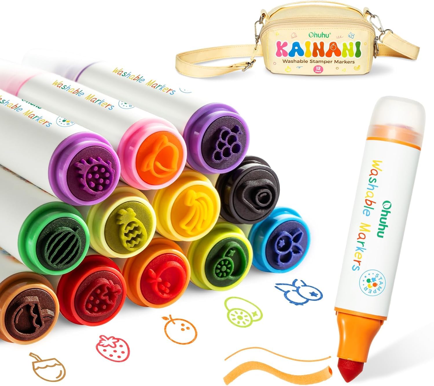 Ohuhu Filzstifte Kinder Auswaschbar mit Stempelstifte - 12 Farben Marker | Wasserbasierte ungiftige Fasermaler Kinder Extra dicker Griff | Mit kindgerechter Spaß-Tasche | Malstifte Ab 3 Jahre