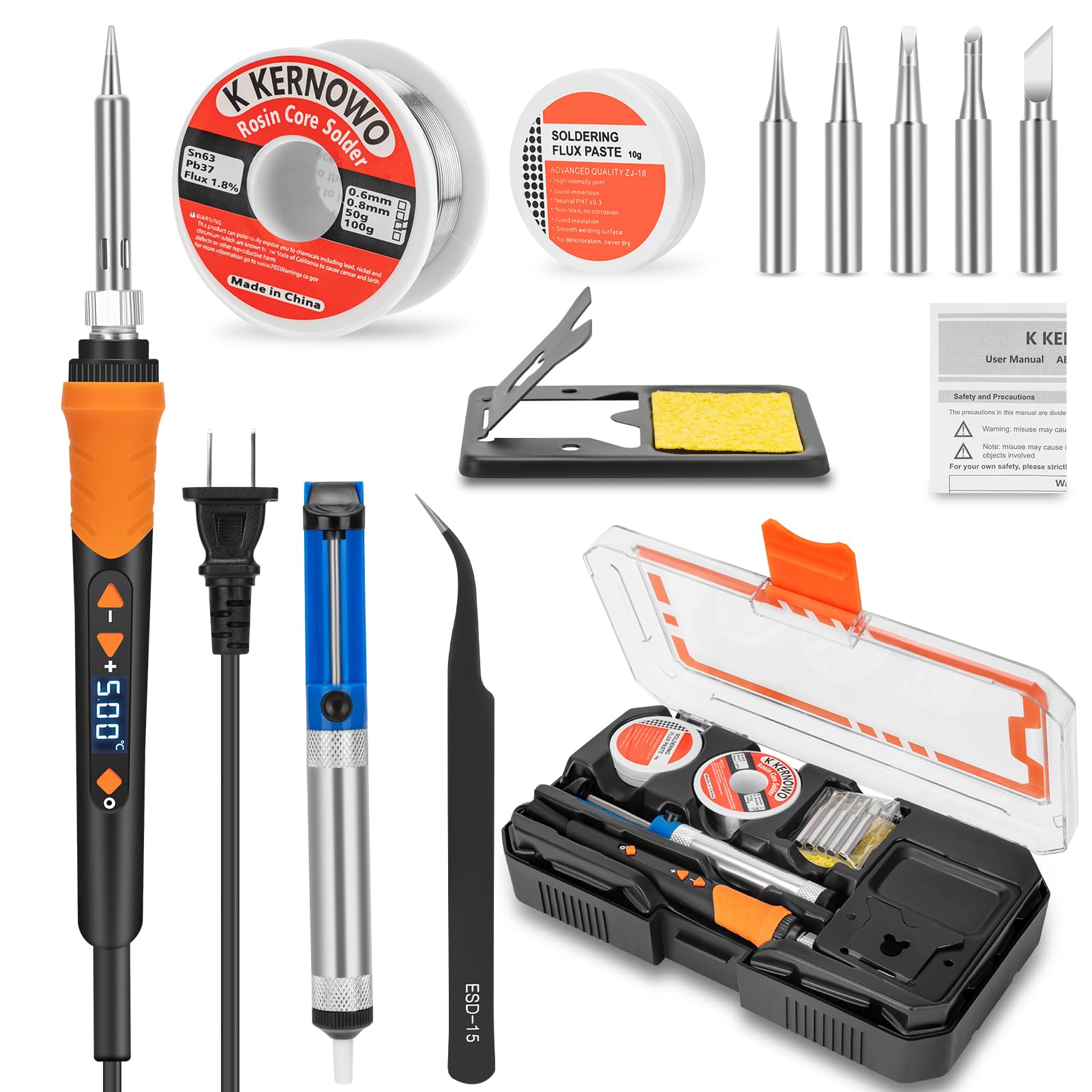 Premium Soldering Iron Kit, 68W LCD Soldering Tool 12-in-1 Soldering Gun with Ceramic Heater, Adjustable Temperature 200-500°C, Includes Soldering Iron Tips, Solder Wire, Pump, Paste
