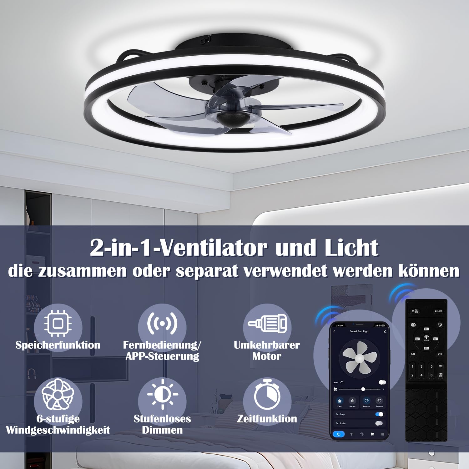 2 ventiladores de techo con iluminación y mando a distancia, diámetro de 48 cm, lámpara de techo con ventilador regulable, 3 temperaturas de color y 6 niveles, función verano/invierno, con