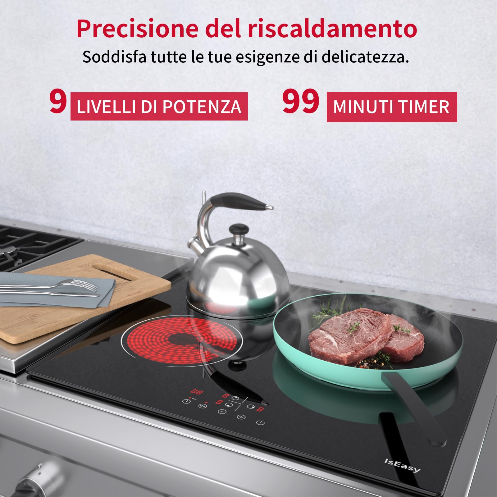 Piastra di cottura in vetroceramica elettrica (6600 W, 3 fuochi, 60 cm, da incasso, automatica, touch, timer, vetro-ceramica) -3 zone - 4