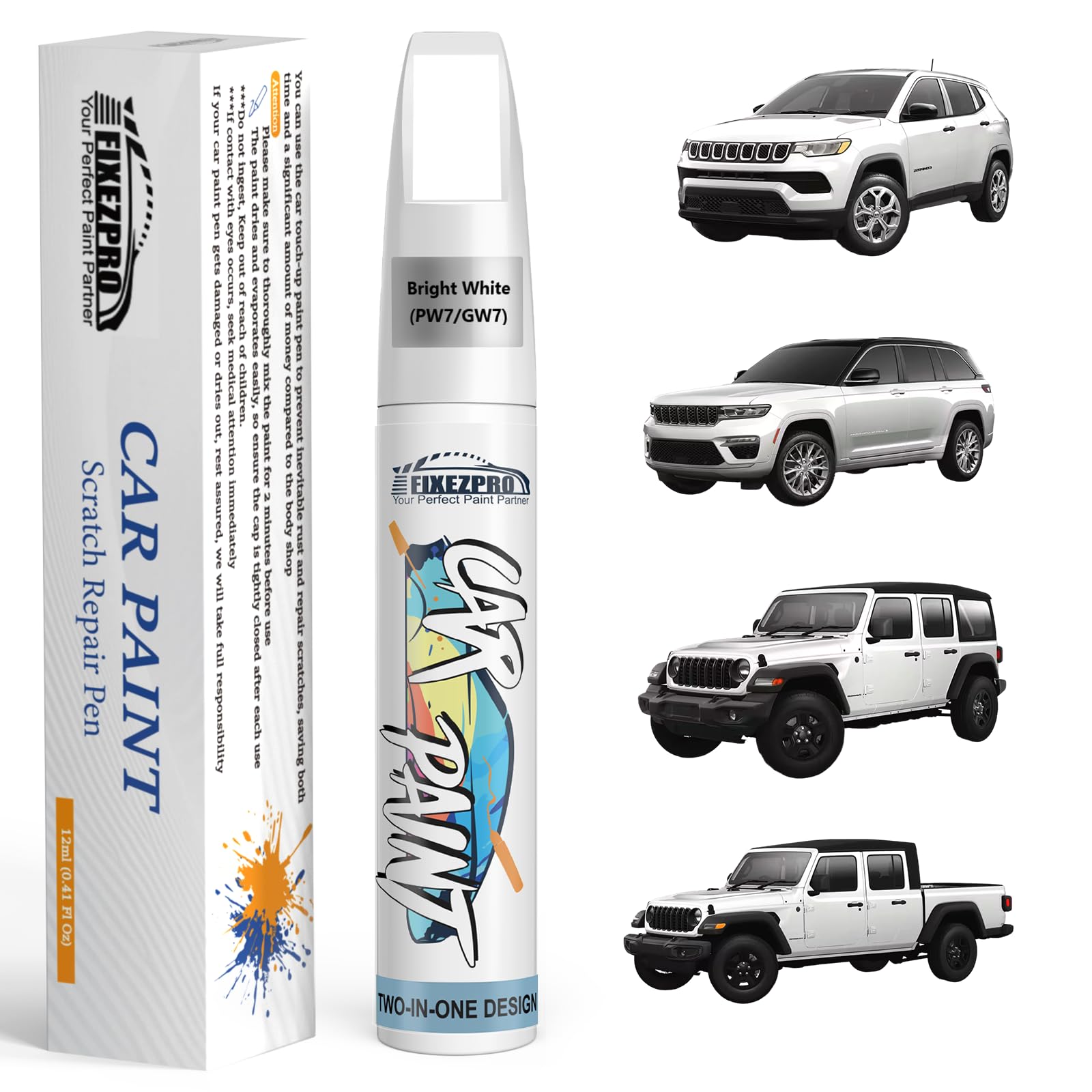 Bright White(PW7/GW7) Touch Up Paint for Jeep, Car Paint Scratch Repair Remover Pen Color Exact Match, Quick and Easy Fix Automotive Chips and Nicks Scuff
