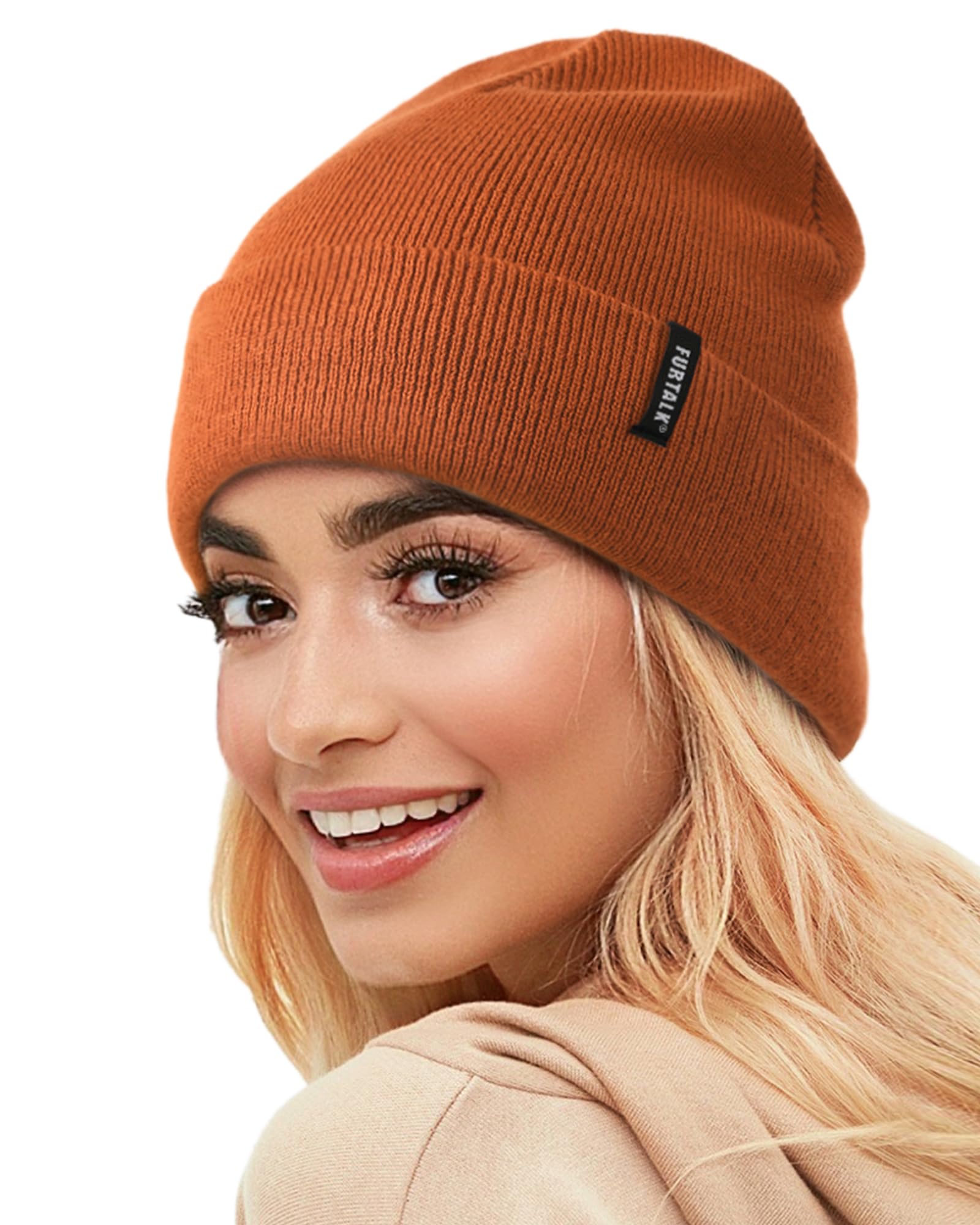 Furtalk Unisex Reddish Brown Beanie Hats For Women Men Acrylic Knit Cuffed Hat Soft Warm Slouch Ladies Skull Cap Winter Hats For Men Women