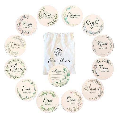 Fiber + Flower 12 juegos de hitos mensuales para bebé, círculo de madera mensual con letrero de Hello World para recién nacido, letreros de 1 a 12