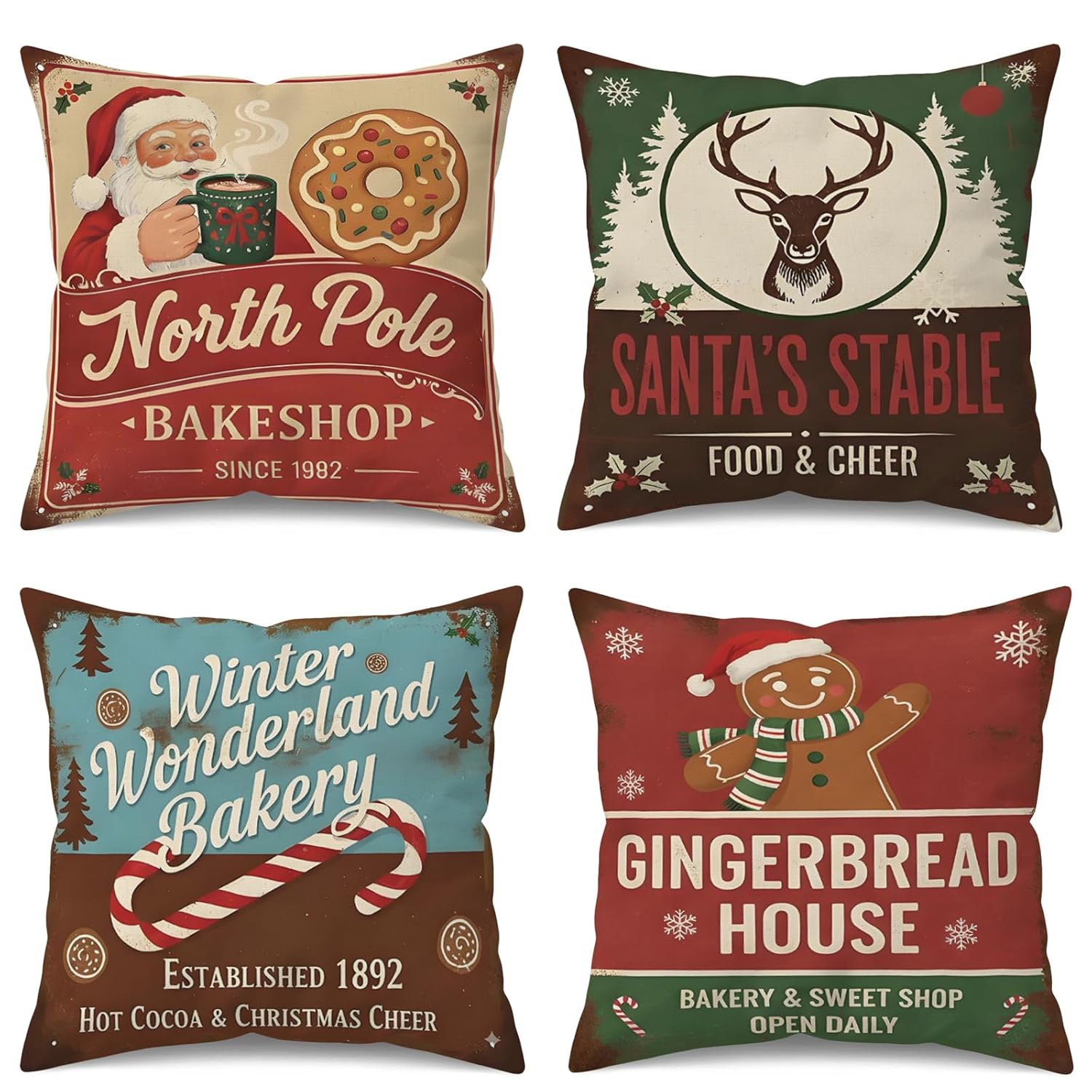 UZFNY Christmas Pillow Covers 18x18 Inch Set of 4 Winter Holiday Bakery Style Cushion Covers with Santa Reindeer