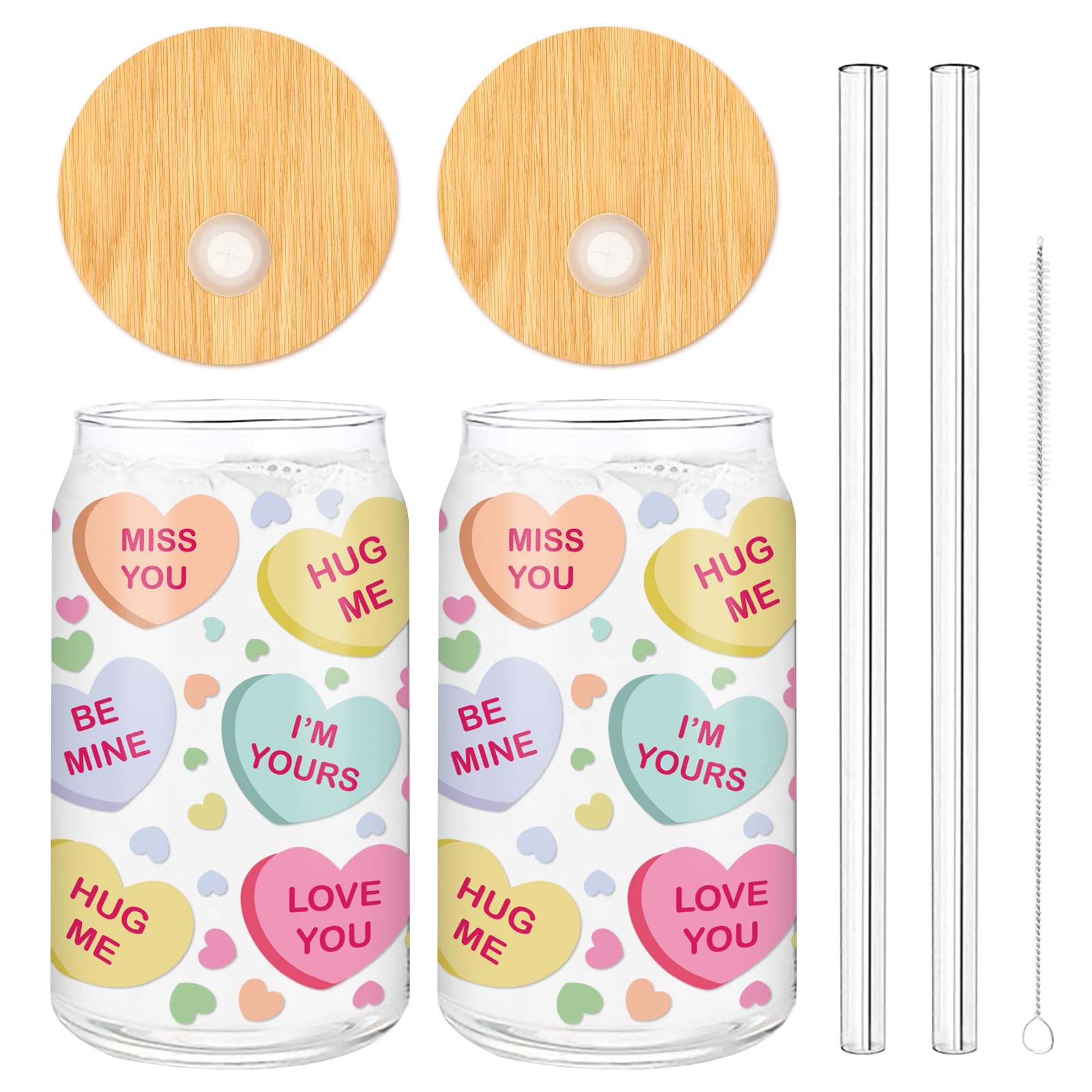 Whaline 2 Pack Valentine's Day Drinking Glasses Conversation Heart Iced Coffee Cup Colorful Heart Beer Can Glass with Lid Straw Cleaning Brush for Home Office Gifts,16oz