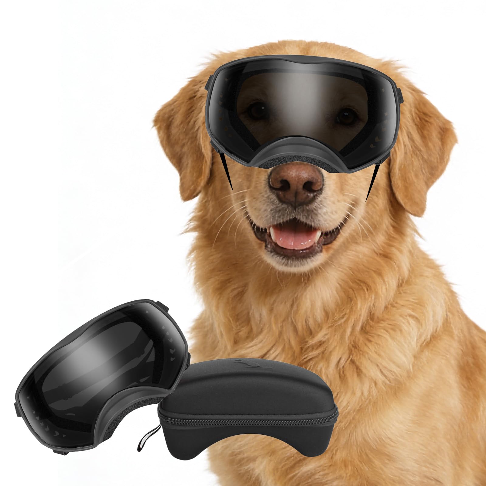 NAMSAN Dog Goggles UV Protection Sunglasses for Large Dogs, Eyes Protect Dog Safety Glasses with Adjustable Strap and Sponge Nose Pads, Black Frame + Black Lens