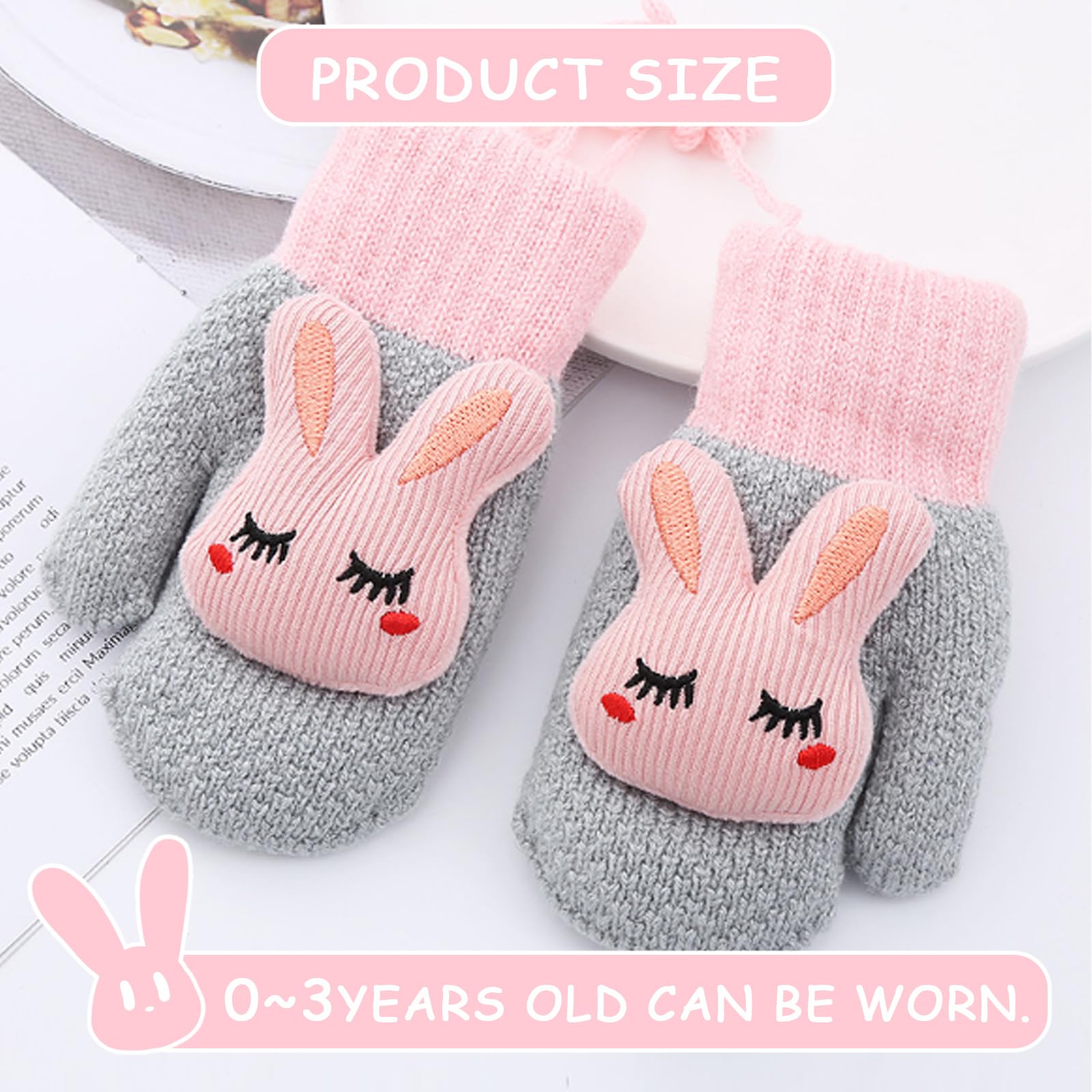 UILYNIU 2 Pares Guantes Invierno Niños, Manoplas Bebe, Guantes Bebé, Guantes Térmicos Bebé, Guantes con Cuerda, Guantes de Punto con Forro Polar, Guantes para Bebé Niños Niñas 0-3 Años