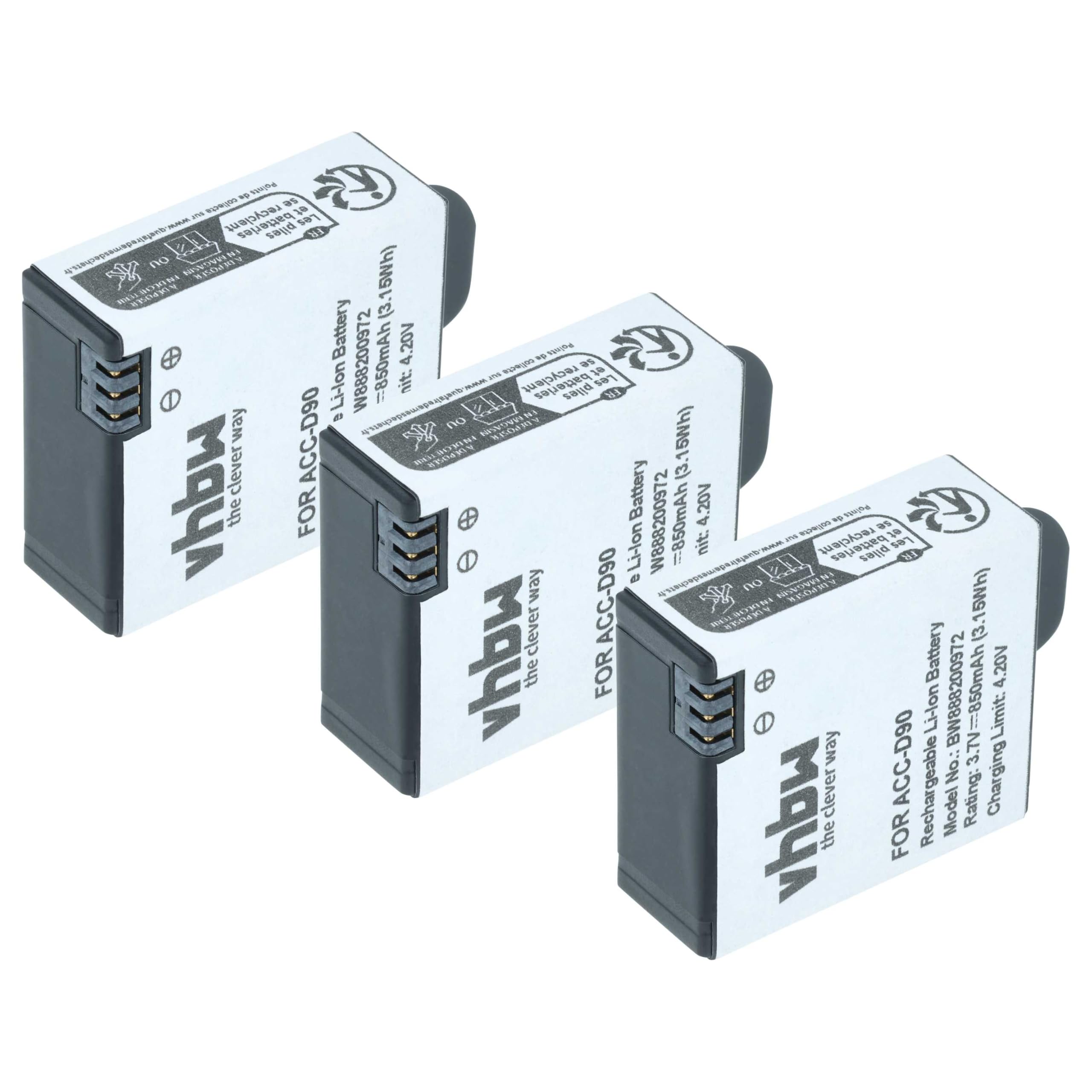 vhbw 3x batteria compatibile con AEE Lyfe Silver, Titan, S72 | mini fotocamera (850mAh, 3,7V, Li-Ion)
