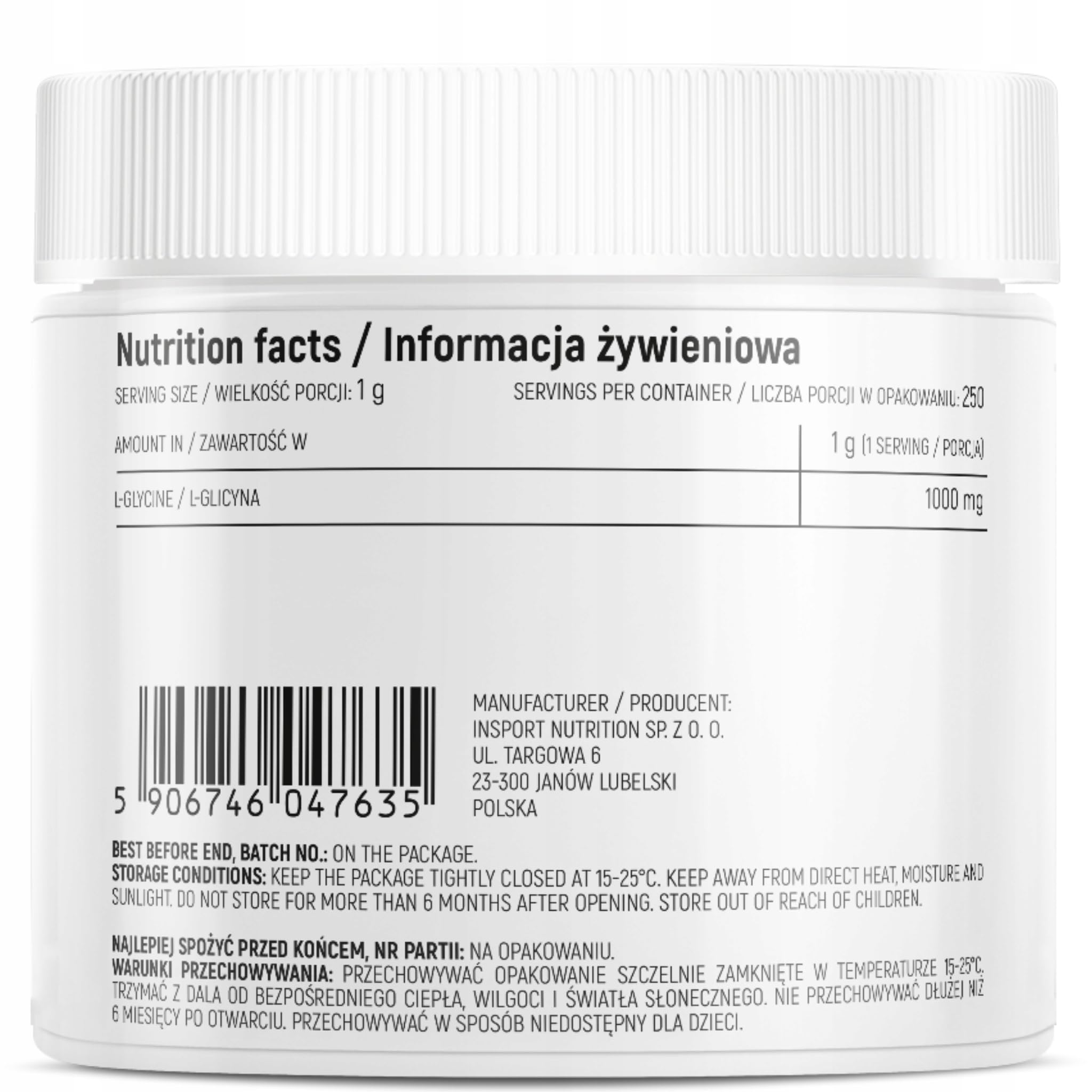 Glicina in Polvere 250g | L-Glicina Pura per Sistema Nervoso, Sonno e Muscoli | Integratore Antistress Naturale | INSPORT