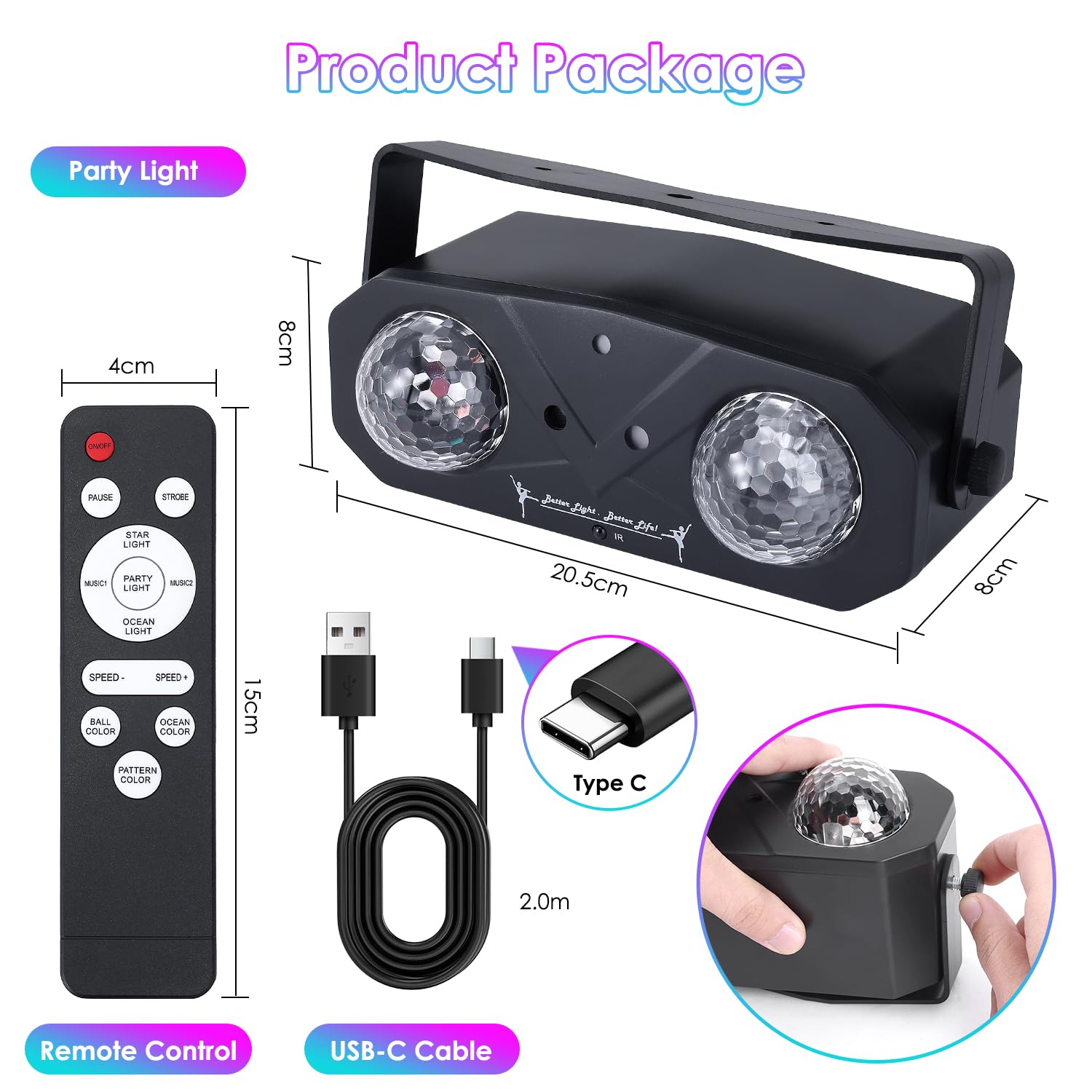 Boule Disco 5 en 1, Gomifie Lumière Disco avec 4 Modes pour Différents Scènes, Lampe de Scène Contrôlée par Musique avec Télécommande et Stroboscope, Jeu de Lumière 2M USB pour Halloween, Noël, Fête
