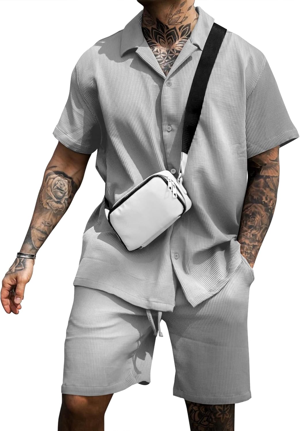 URRU Men’s Shirt and Shorts Set Short Sleeve Casual Button Down 2 Piece Summer Outfits