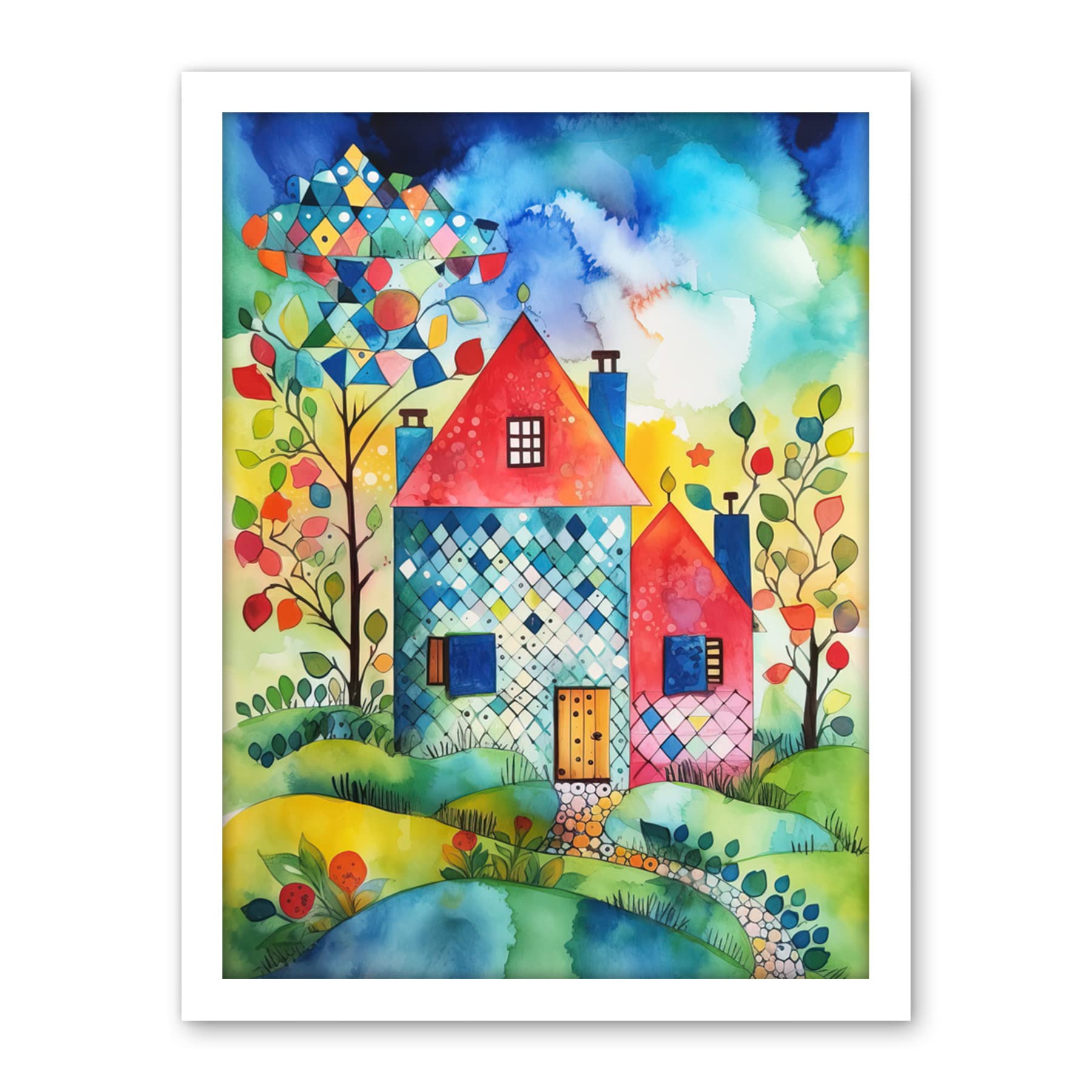 Artery8 Farmhouse In The Flowers Folk Art Artwork Framed Wall Art Print 18X24 Inch