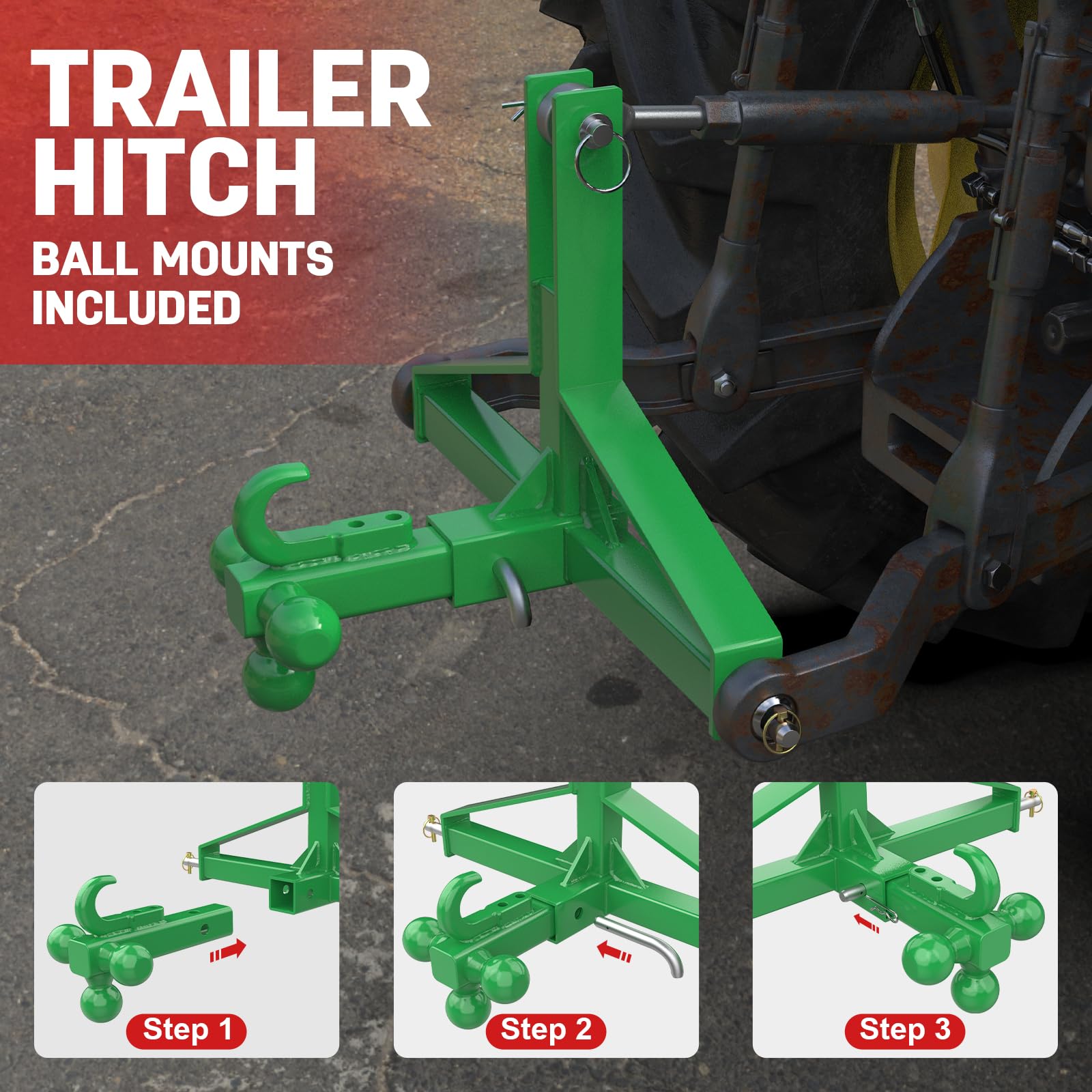 Enganche de remolque verde de 3 puntos con receptor de 5,1 cm y enganche de bola de remolque con gancho, enganche de barra de enganche de tractor, enganche rápido de 3 puntos para equipos
