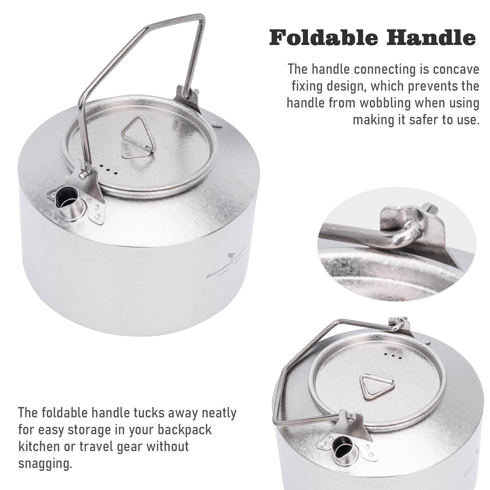 Boundless Voyage Teekanne aus Titan, für Outdoor Camping, ultraleicht große Kapazität Der Titan-Wasserkocher, mit klappbarem Griff, 1L (Silber)