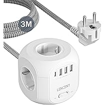 LENCENT Mutipresa Cubo con Cavo da 3 Metri, Presa Alimentatore con 4 Prese AC, 3 USB e 1 Tipo C, Spina Schuko Elettrica con Interruttore, Presa Multipla Salvaspazio e Caricatore USB per Casa e Ufficio
