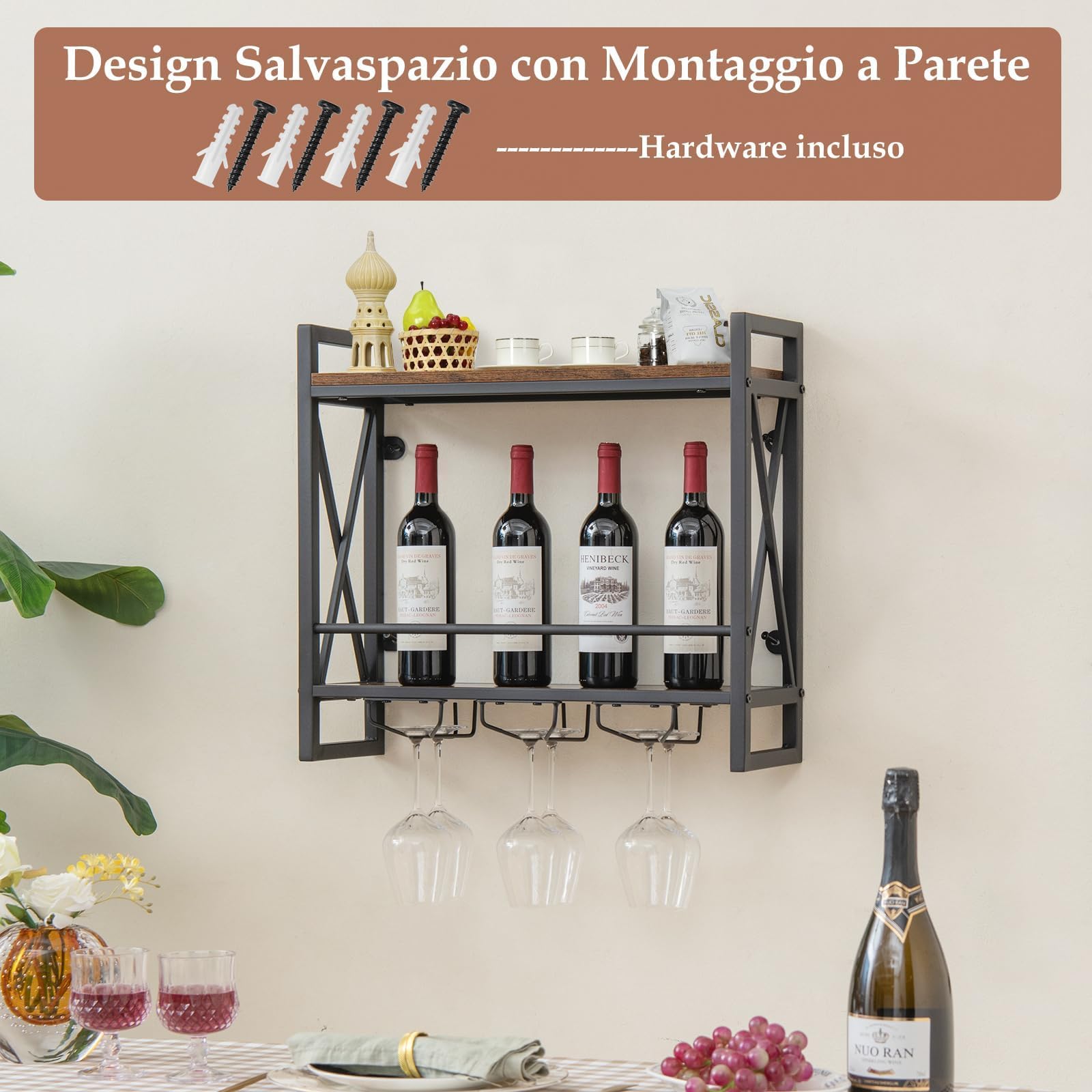 GYMAX Portabottiglie di Vino da Parete, Scaffale da Parete con Portabicchieri, Mensola a Soffitto con Telaio in Metallo, Portavino Cantinetta Vino per Cucina Bar Ristorante (Stile 2)
