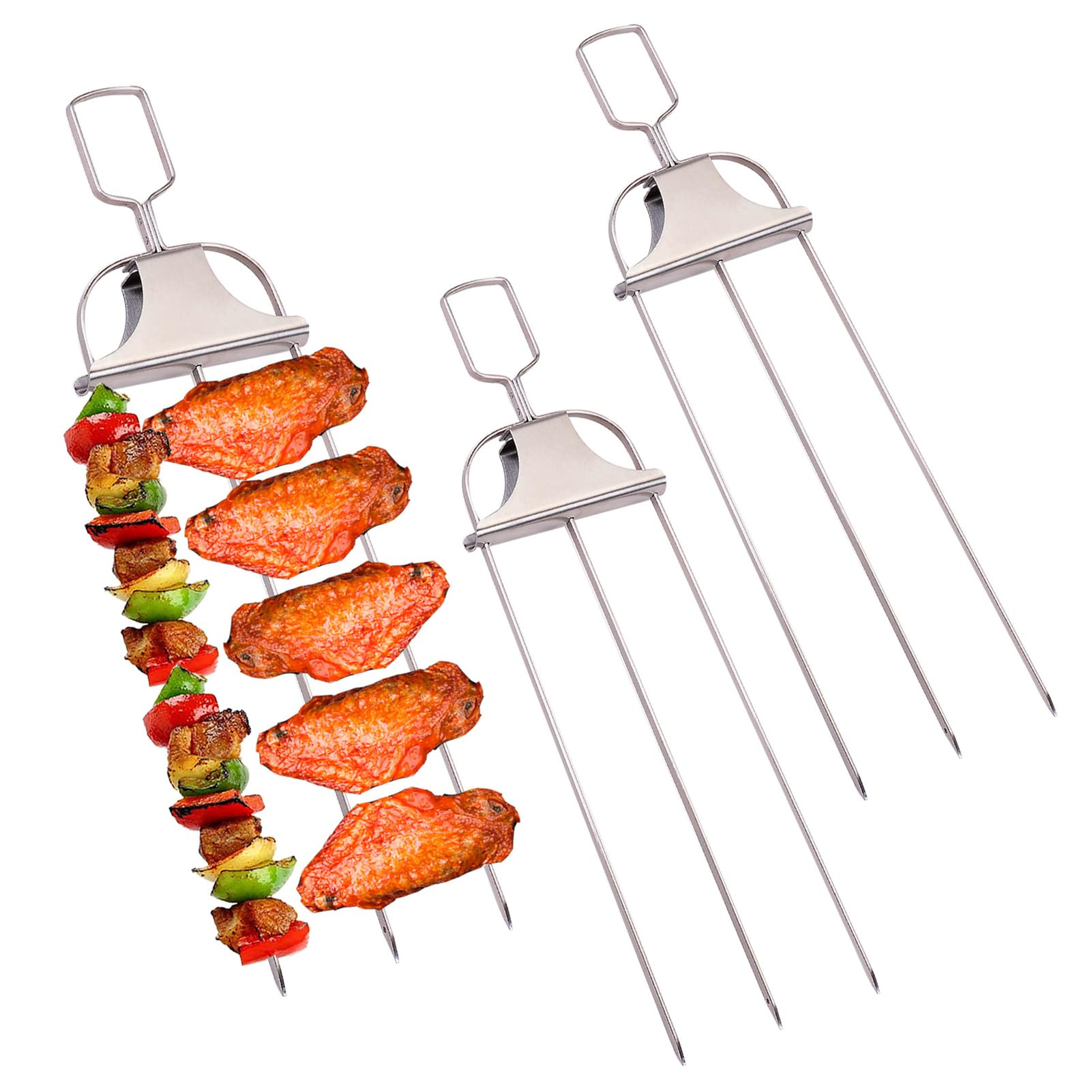 PEOUWNES Skewers for Kabobs, 3PCS 14 Inch 3-Prong Metal Skewers for Grilling, Stainless Steel Skewer, With Push Bar Reusable Metal Skewer, Kabob Sticks, Perfect For Chicken, Meat, Veggies, Sausages