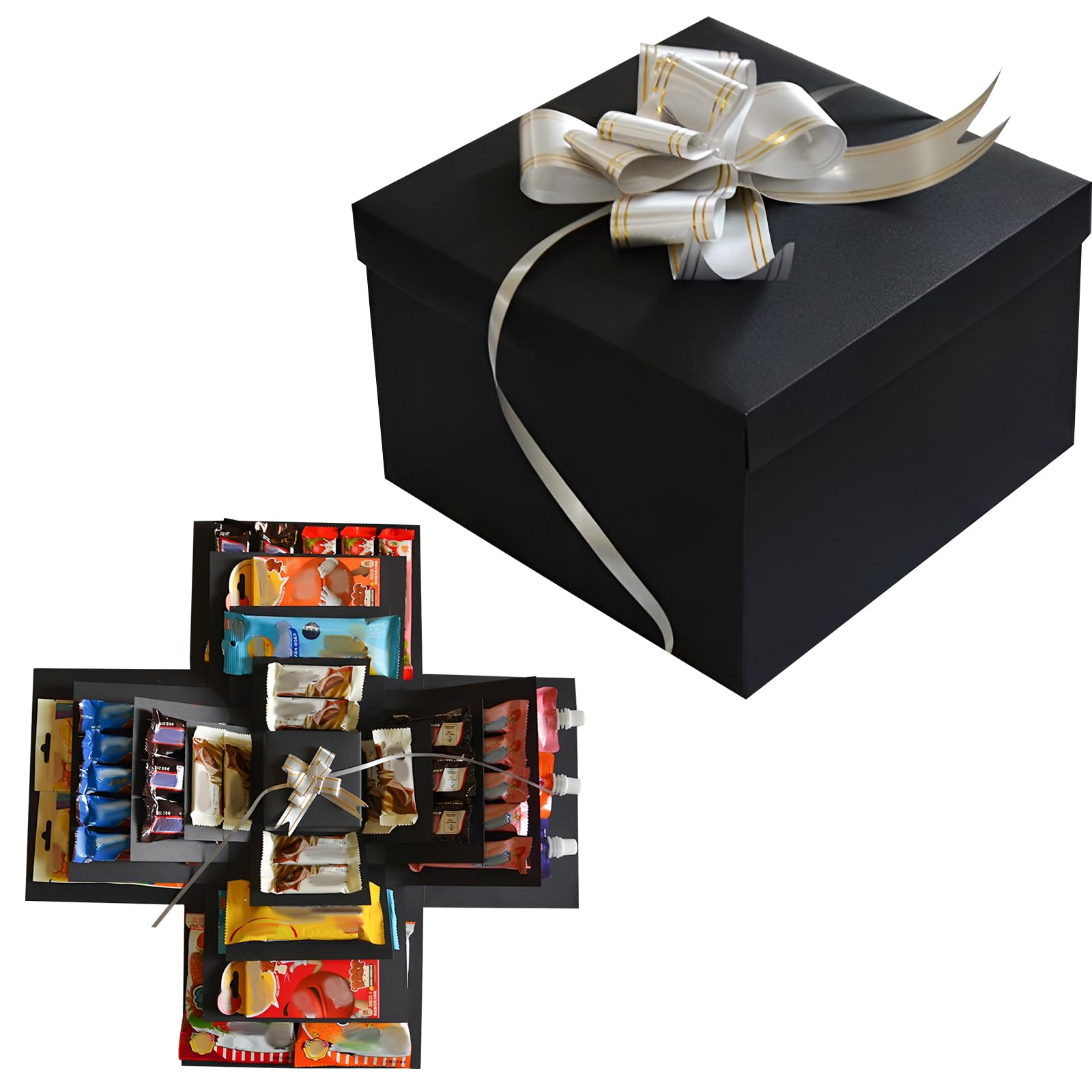 5 Layer Snack Explosion Box, DIY Explosion Gift Box Surprise Boxes with Tape and Ribbon Scrapbooking Folding Gift Boxes Surprise Case for Anniversary Birthday Wedding (Black)