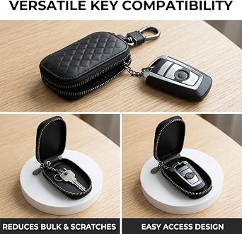 Car Key Holder, Leather Key Pouch with Zipper & Spring Clip, Scratch Resistant and Prevents Impurities from Entering the Interior of the Key