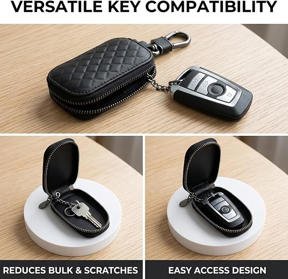 Car Key Holder, Leather Key Pouch with Zipper & Spring Clip, Scratch Resistant and Prevents Impurities from Entering the Interior of the Key