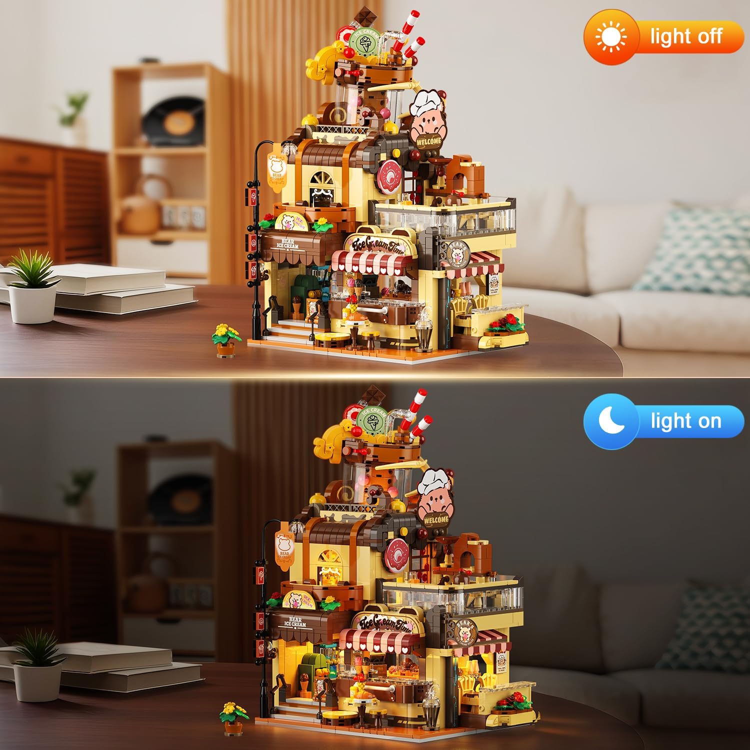 insoon city ice cream house building set with lights, 1377 pcs dessert shop building block toy with chocolate sundae cone, sweet workshop construction model for adults teens kids boys girls ages 12+