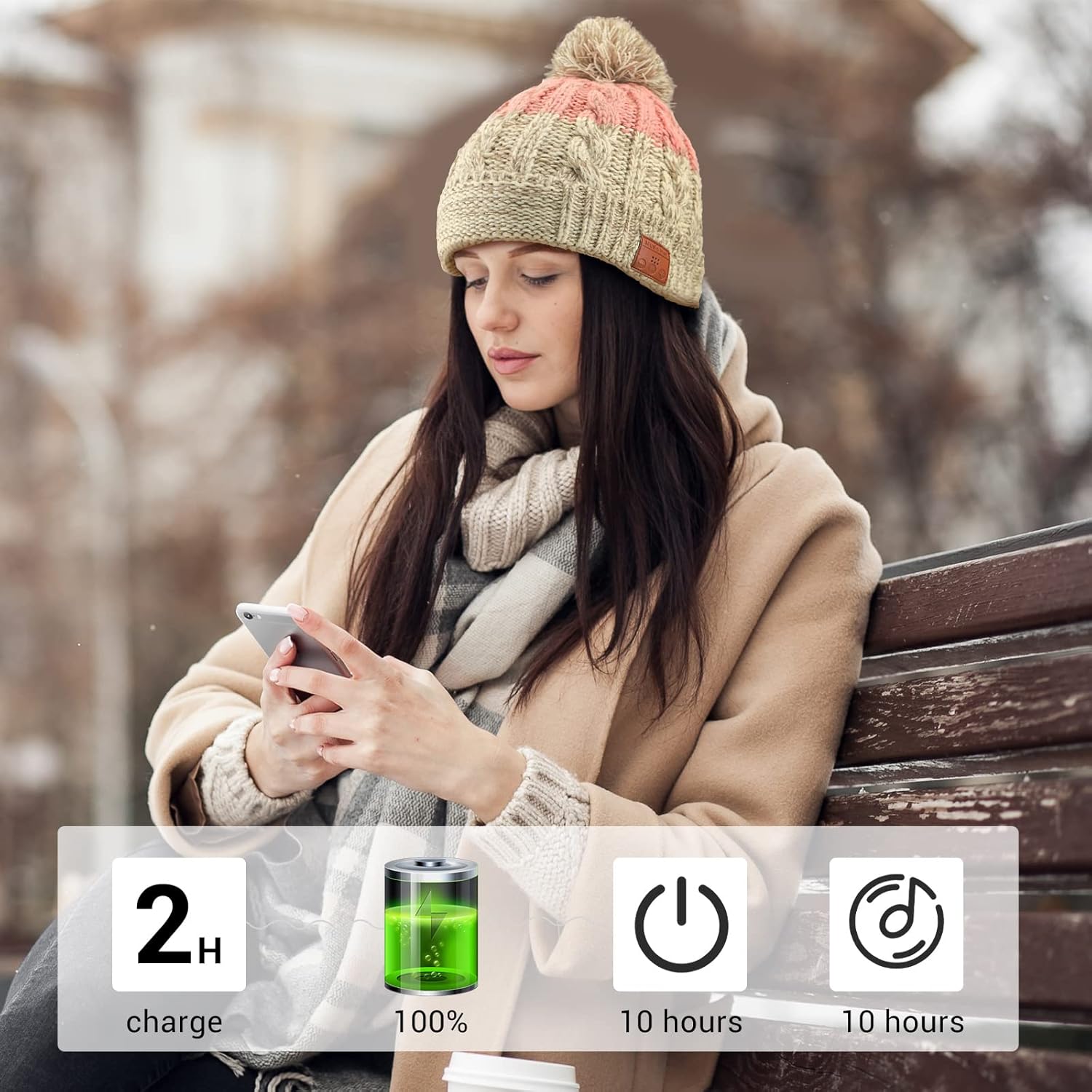 Bluetooth Beanie with Light, HD Stereo Sound, USB Rechargeable Headlamp for Hiking Fishing, Gift for Men Women Teen Bluetooth Khaki & Pink - Image 7