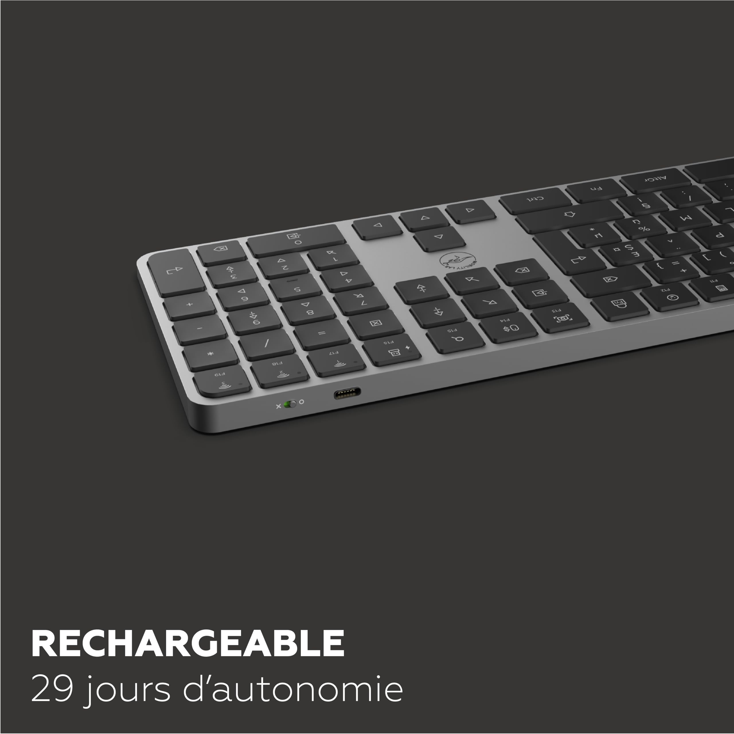 Mobility Lab - KP430W - Teclado inalámbrico multiconexión, AZERTY, Receptor 2.4 GHz USB + 3 x Bluetooth, 15 accesos directos Multimedia, Carga rápida vía USB-C - Windows