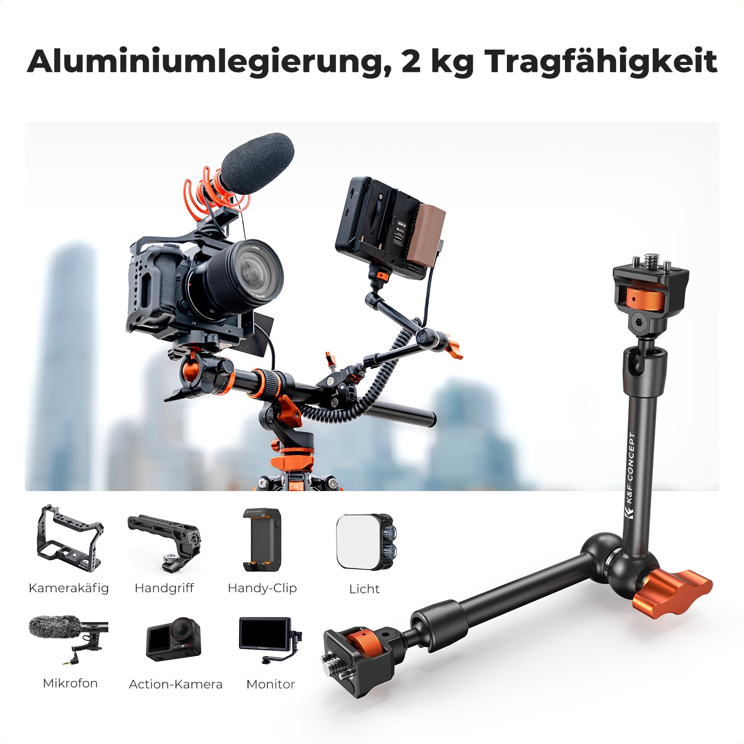 K&F CONCEPT 11 Zoll Magic Arm mit Super Clamp, Kamera Halterung für Käfig Monitor LED Licht Action-Kamera, 2 KG Belastung