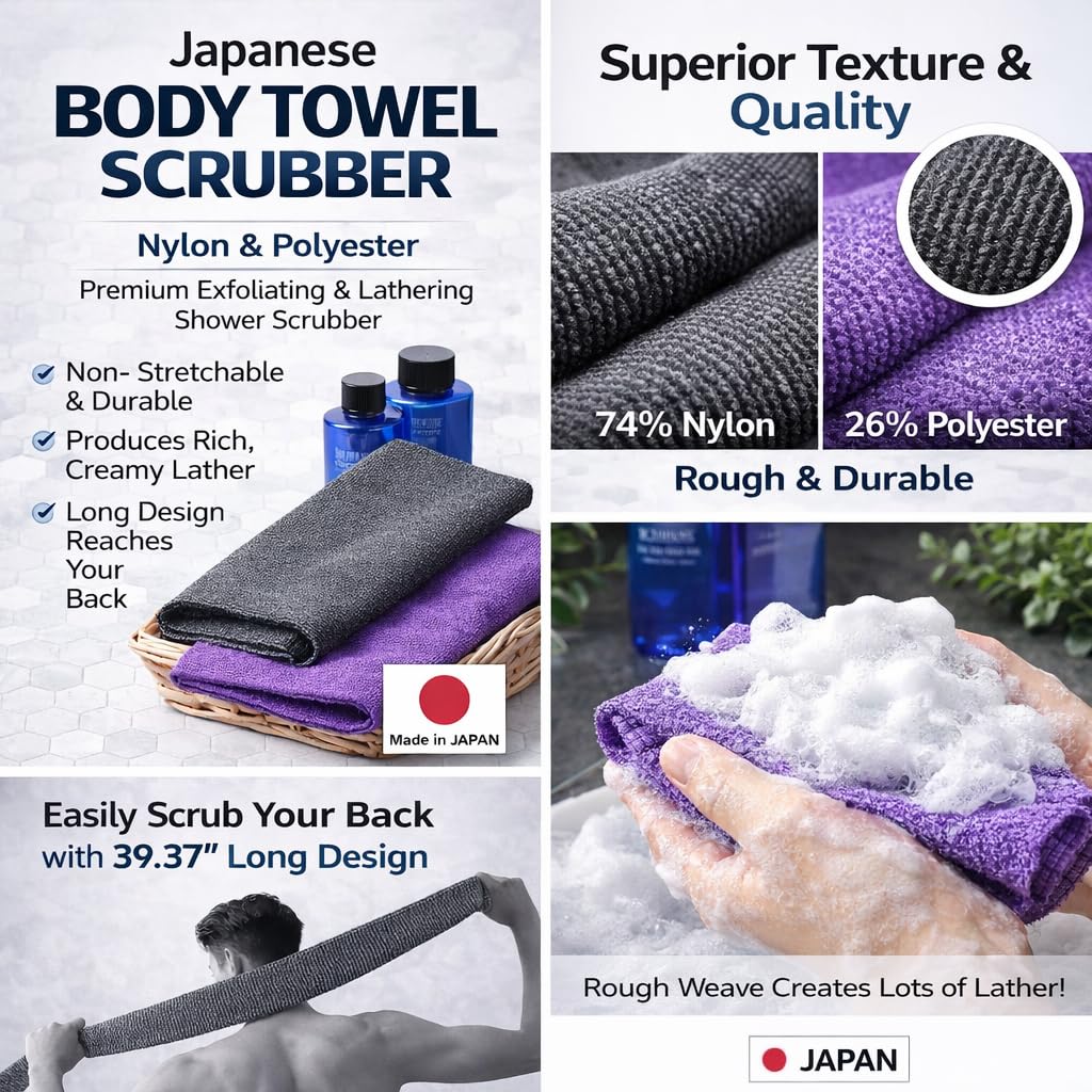 Toalla exfoliante extra áspera [fabricada en Japón] Toalla exfoliante con textura especial que hace espuma esponjosa, limpiador de espalda, removedor de células muertas [lufa para mujeres y hombres