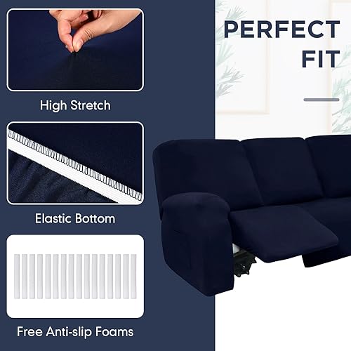 Miniatura 6 de Peryiter 7 fundas para sofá reclinable seccional en forma de L, fundas de sofá modular de 5 asientos, terciopelo de seda lechosa, funda elástica