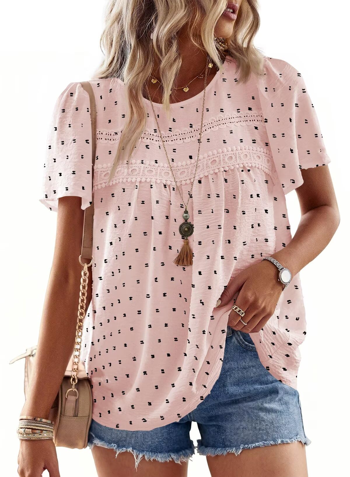 Falechay Womens Summer Tops Flowy Boho Shirts Dressy Casual Short Sleeve