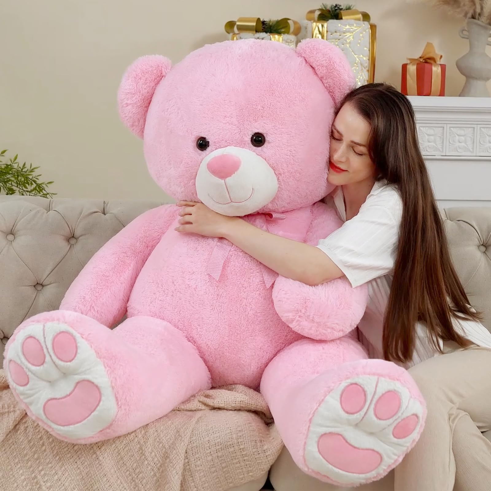 MorisMos Pink Teddy Bear Stuffed Animal for Valentine's Day 4.6ft Giant Pink Stuffed Bear for Girls, 55 Inches Large Pink Teddy Bear Plush Gift for Christmas Birthday