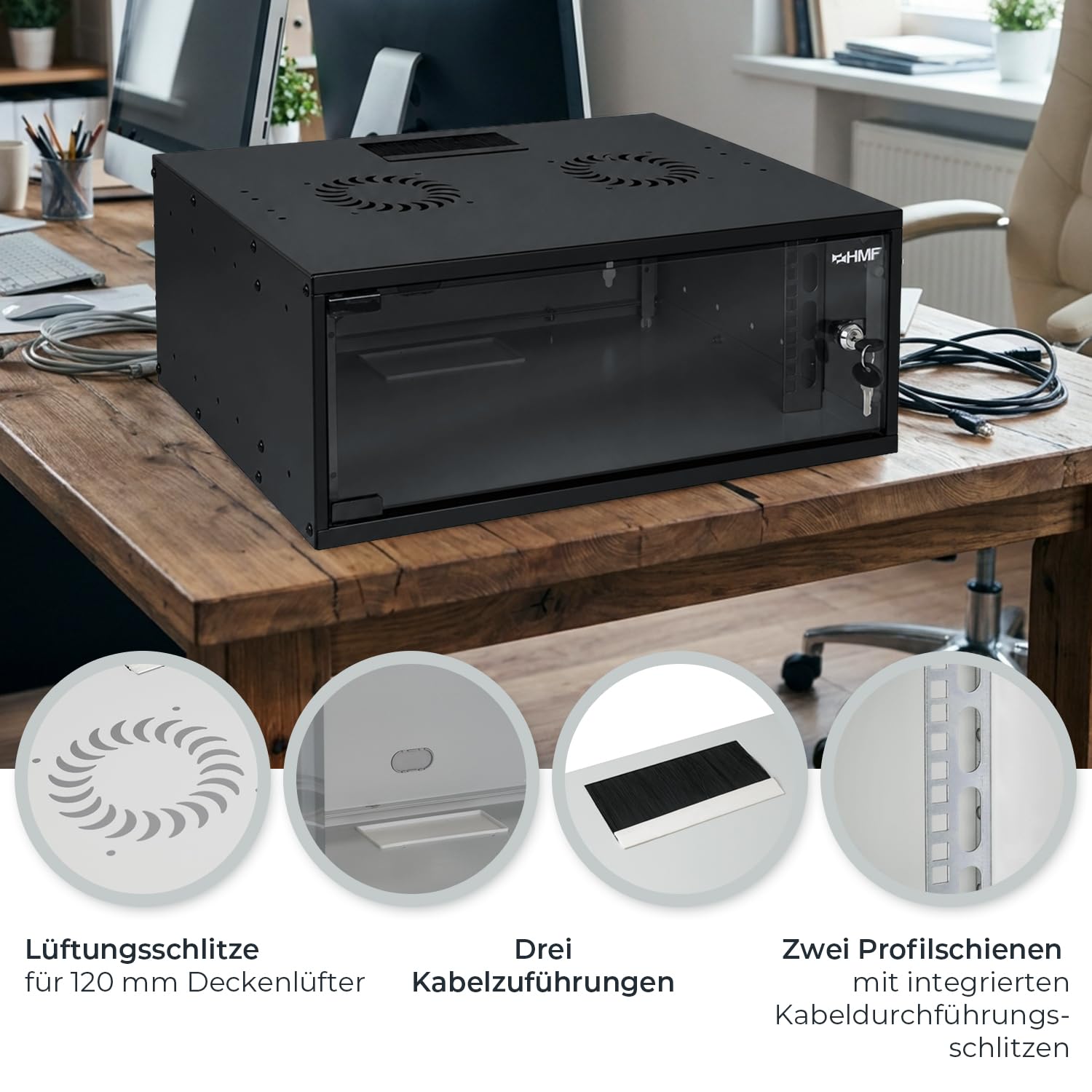 HMF 65704-02 Netzwerkschrank, Serverschrank 19 Zoll | 4 HE | 400 mm Tiefe | Glastür | Schwarz