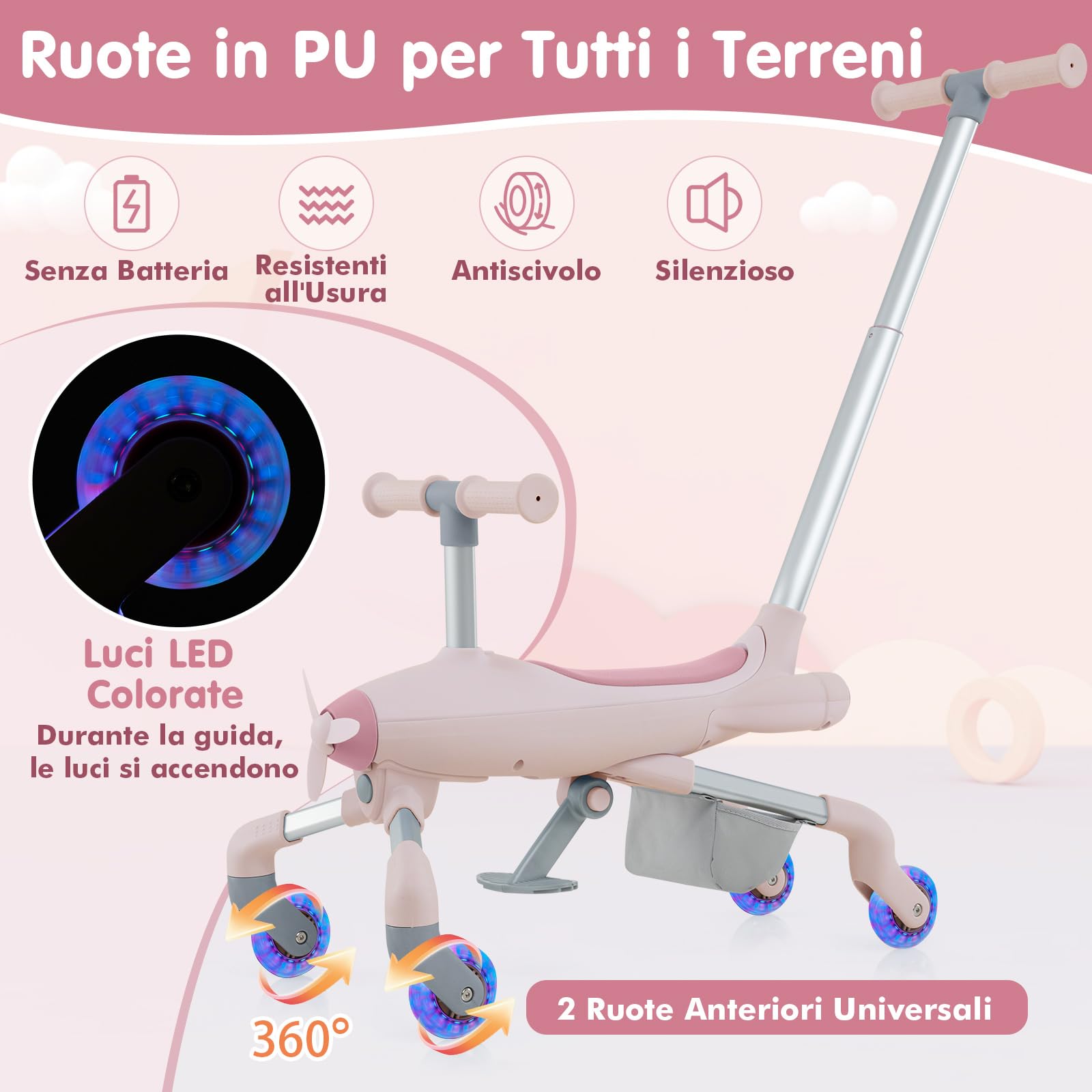 RELAX4LIFE Auto a Spinta per Bambini 2-in-1, Maniglie Regolabili, Ruote in PU con Luci LED, Poggiapiedi Pieghevoli, Carico 50kg, per Bambini 18-60 Mesi (ROSA)